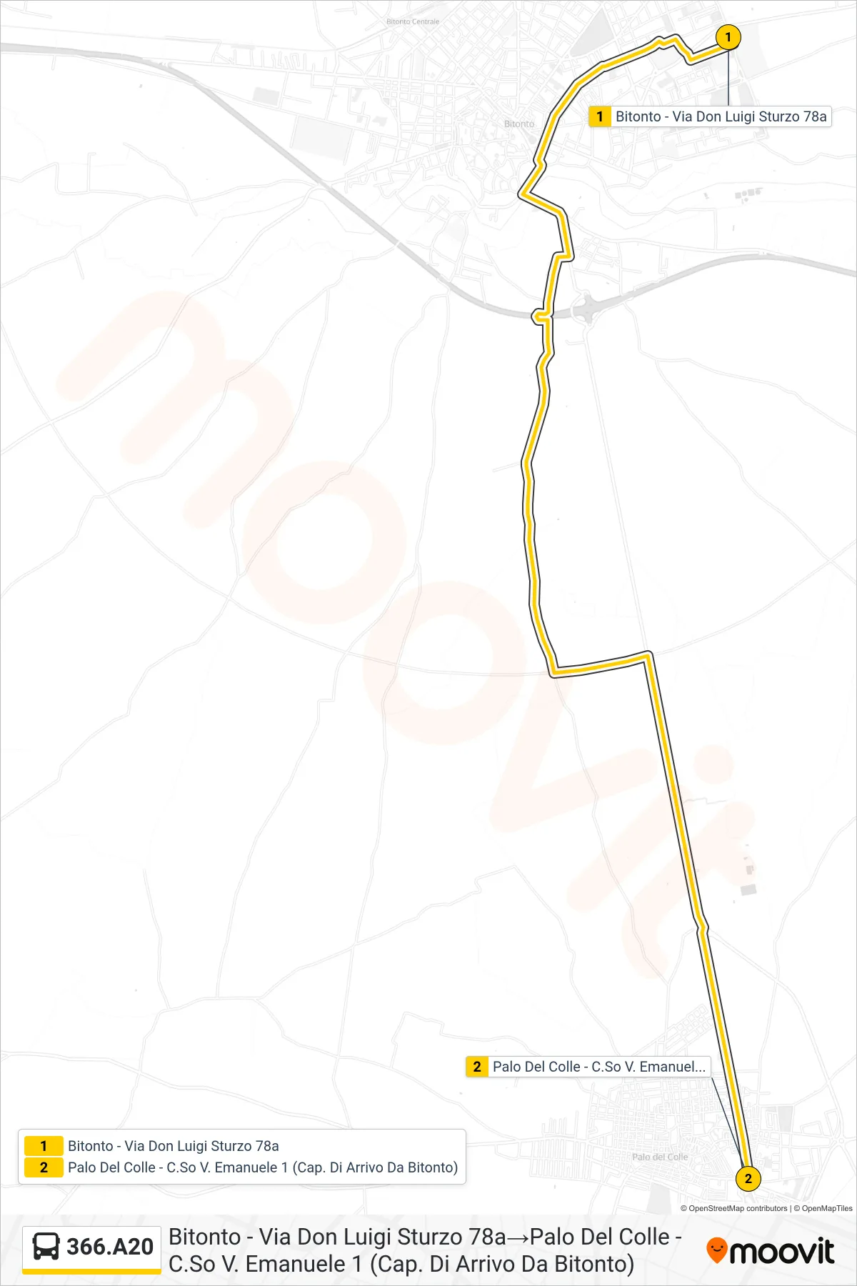 Linea 366.A20  bus (Bitonto - Via Don Luigi Sturzo 78a‎→Palo Del Colle - C.So V. Emanuele 1 (Cap. Di Arrivo Da Bitonto)) - Percorsi e fermate sulla mappa