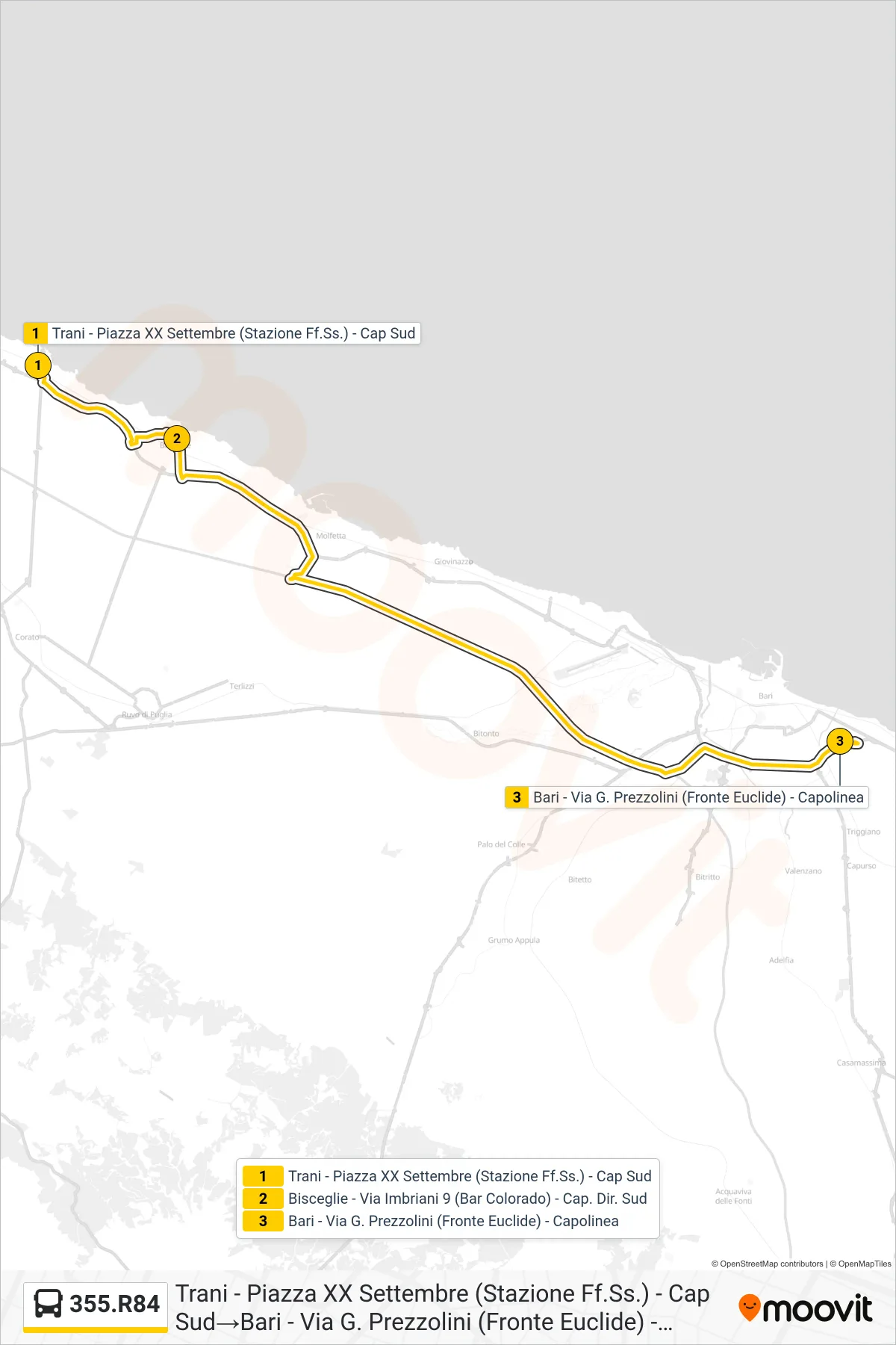 Linea 355.R84 bus (Trani - Piazza XX Settembre (Stazione Ff.Ss.) - Cap Sud→Bari - Via G. Prezzolini (Fronte Euclide) - Capolinea) - Percorsi e fermate sulla mappa