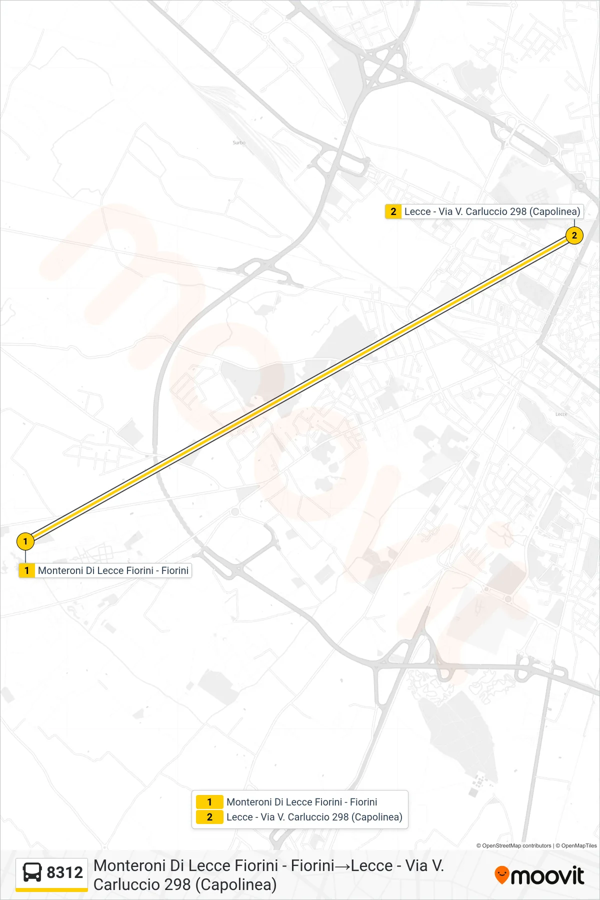 Linea 8312 bus (Monteroni Di Lecce Fiorini - Fiorini→Lecce - Via V. Carluccio 298 (Capolinea)) - Percorsi e fermate sulla mappa