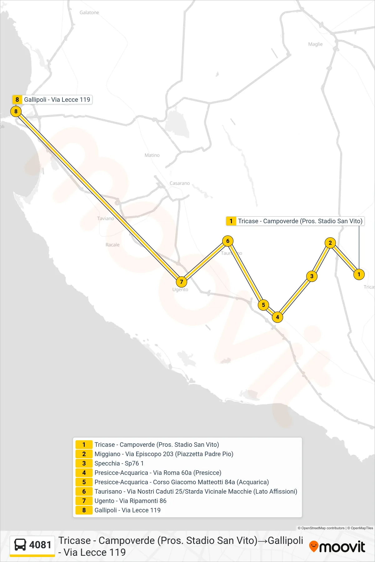 Linea 4081  bus (Tricase - Campoverde (Pros. Stadio San Vito)‎→Gallipoli - Via Lecce 119) - Percorsi e fermate sulla mappa