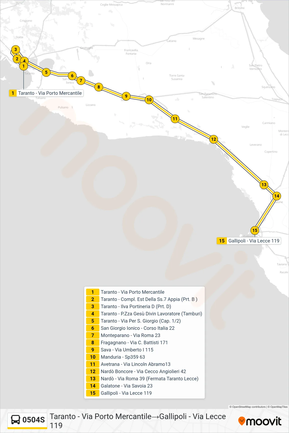 Linea 0504S  bus (Taranto - Via Porto Mercantile‎→Gallipoli - Via Lecce 119) - Percorsi e fermate sulla mappa