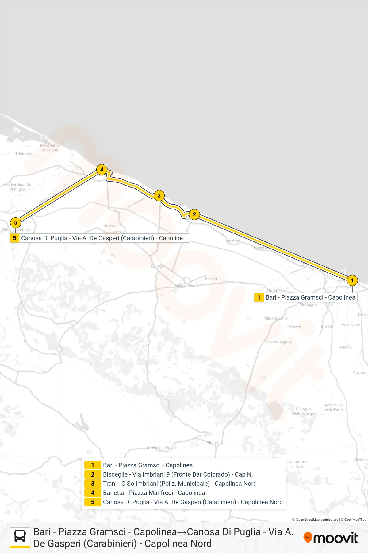 Linea 355.NSA67 bus (Bari - Piazza Gramsci - Capolinea→Canosa Di Puglia - Via A. De Gasperi (Carabinieri) - Capolinea Nord) - Percorsi e fermate sulla mappa