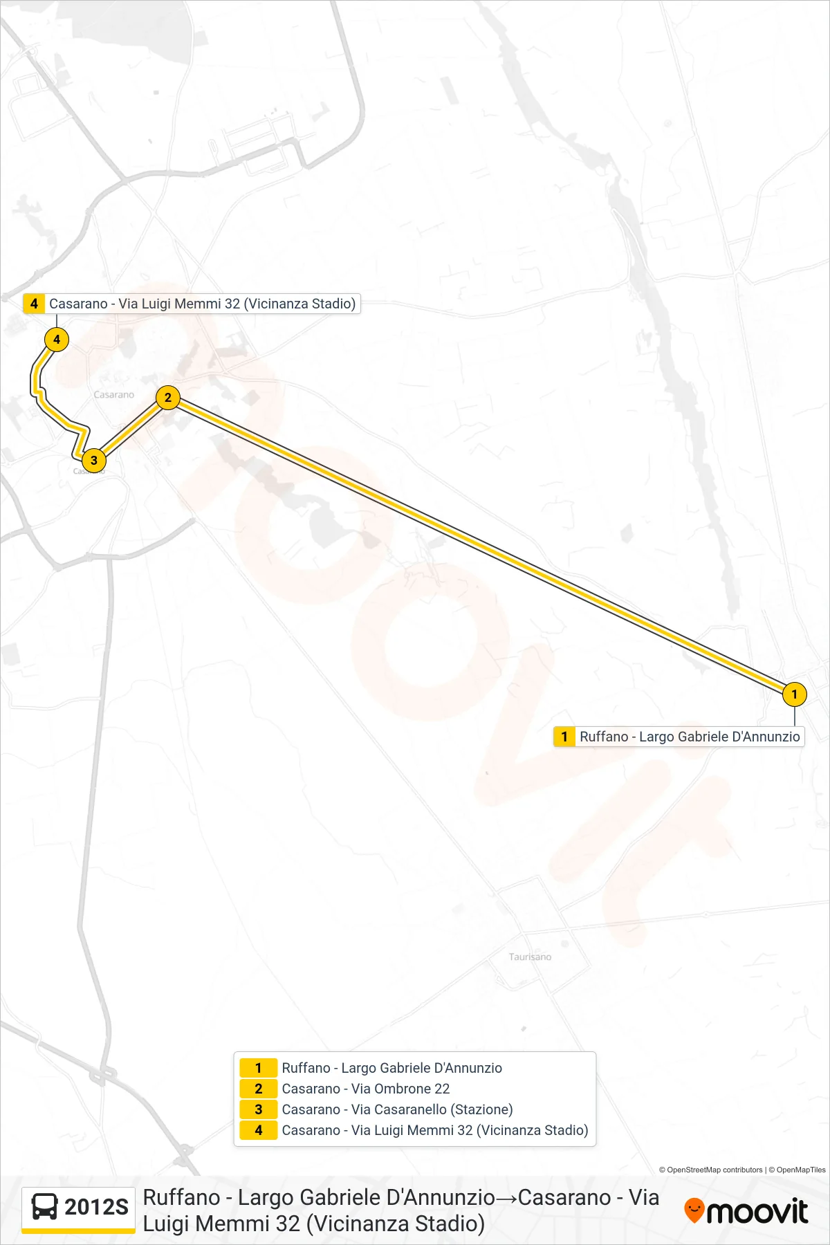 Linea 2012S bus (Ruffano - Largo Gabriele D'Annunzio→Casarano - Via Luigi Memmi 32 (Vicinanza Stadio)) - Percorsi e fermate sulla mappa