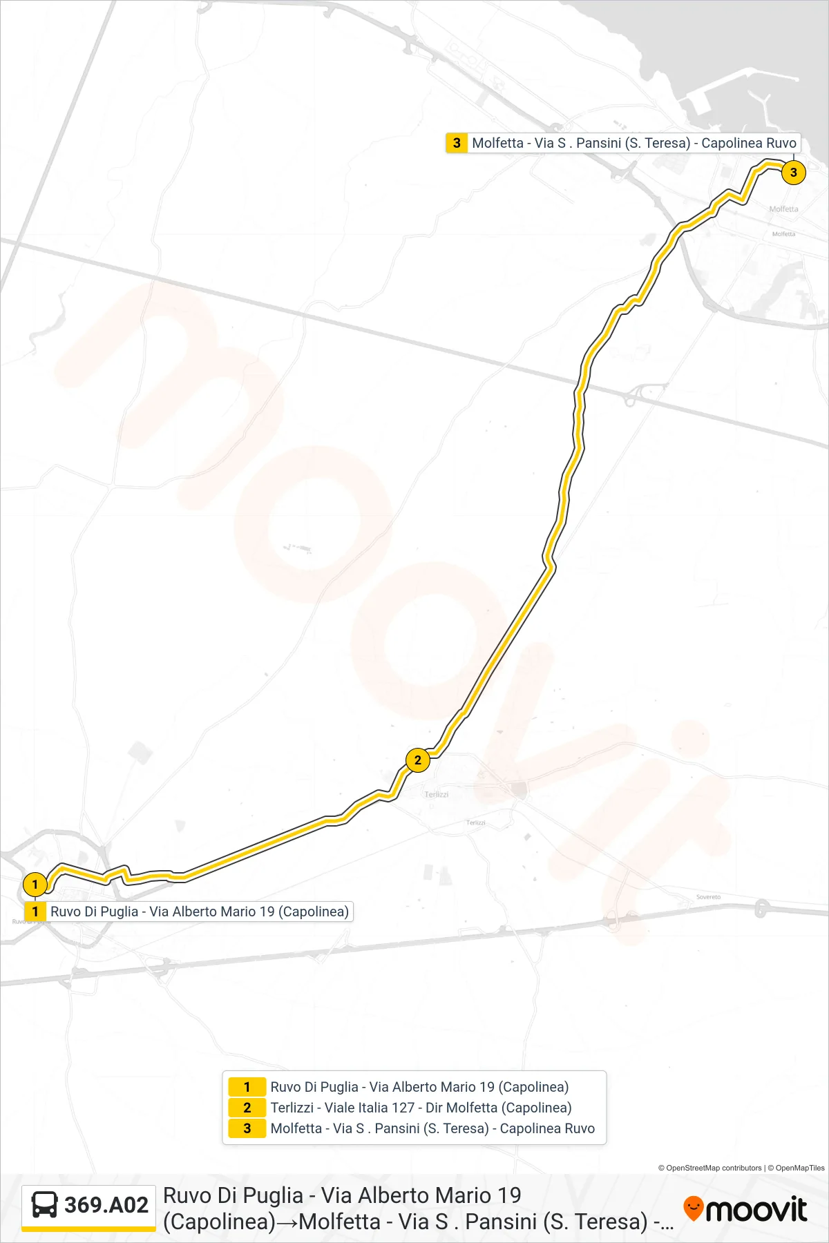 Linea 369.A02 bus (Ruvo Di Puglia - Via Alberto Mario 19 (Capolinea)→Molfetta - Via S . Pansini (S. Teresa) - Capolinea Ruvo) - Percorsi e fermate sulla mappa