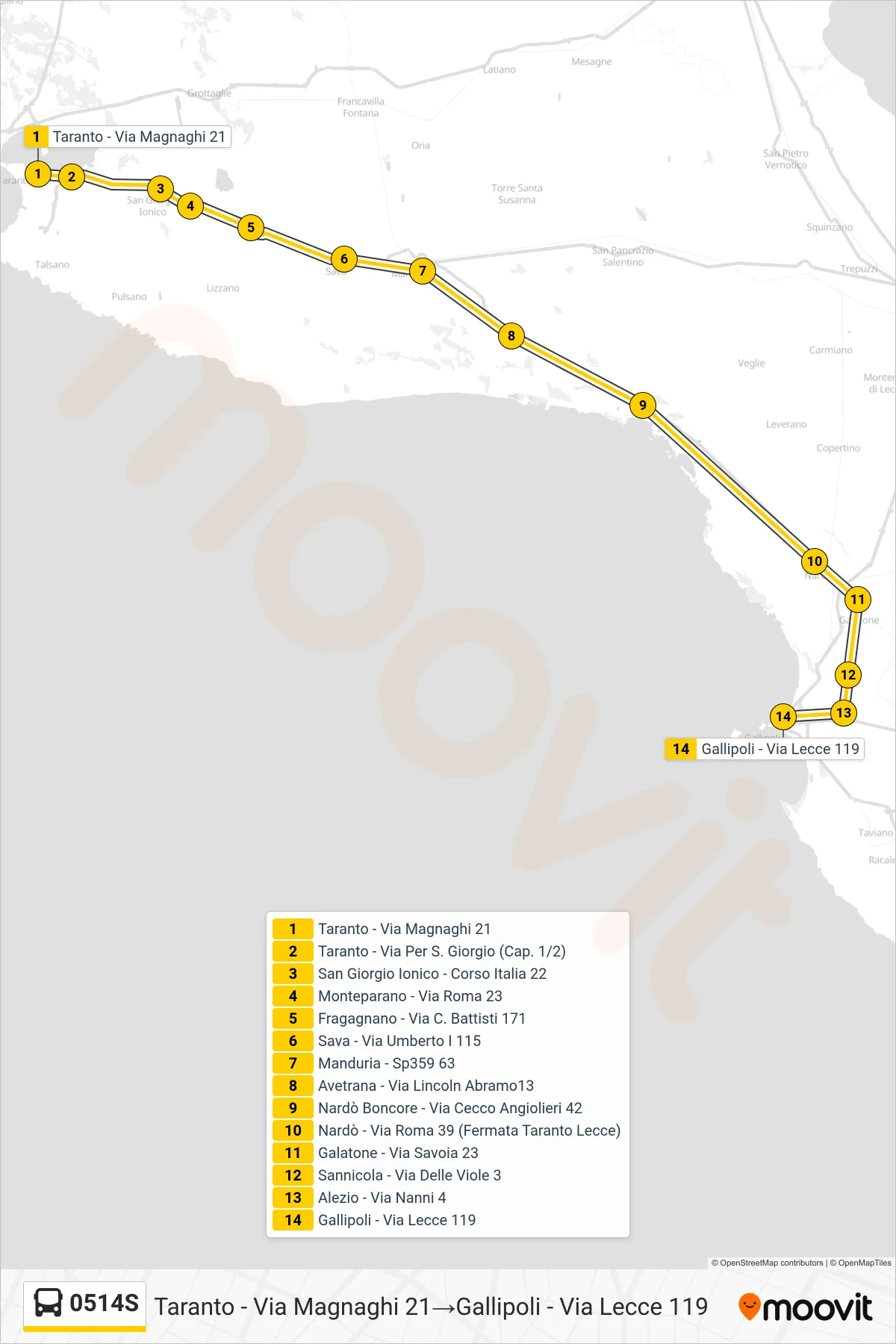 Linea 0514S bus (Taranto - Via Magnaghi 21→Gallipoli - Via Lecce 119) - Percorsi e fermate sulla mappa