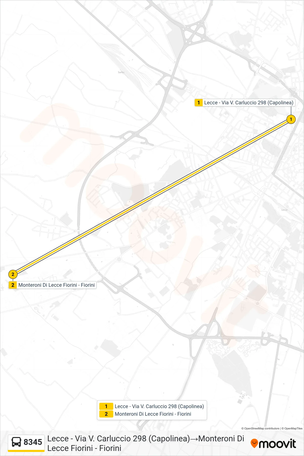 Linea 8345 bus (Lecce - Via V. Carluccio 298 (Capolinea)→Monteroni Di Lecce Fiorini - Fiorini) - Percorsi e fermate sulla mappa