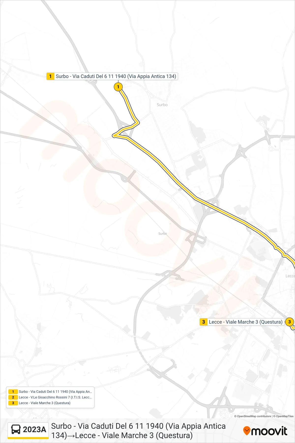 Linea 2023A bus (Surbo - Via Caduti Del 6 11 1940 (Via Appia Antica 134)→Lecce - Viale Marche 3 (Questura)) - Percorsi e fermate sulla mappa