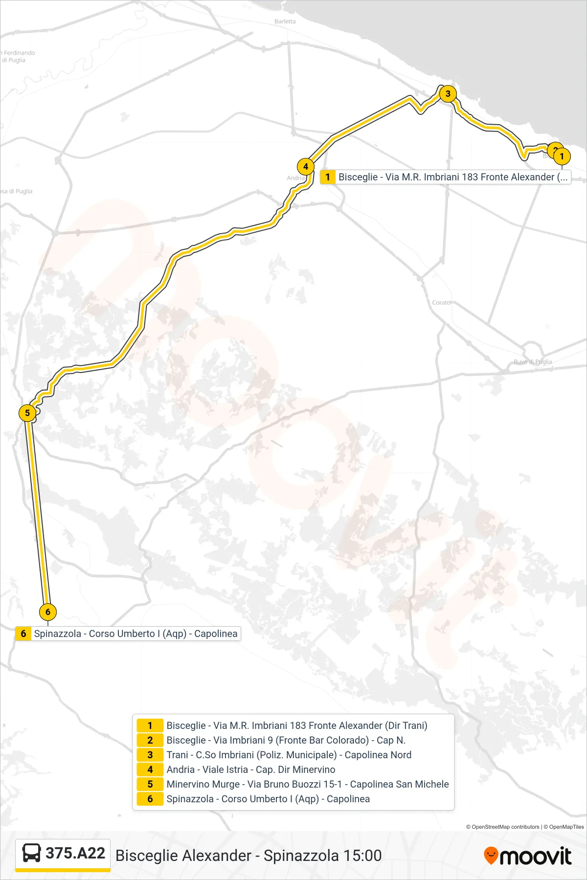 Linea 375.A22 bus (Bisceglie - Via M.R. Imbriani 183 Fronte Alexander (Dir Trani)→Spinazzola - Corso Umberto I (Aqp) - Capolinea) - Percorsi e fermate sulla mappa