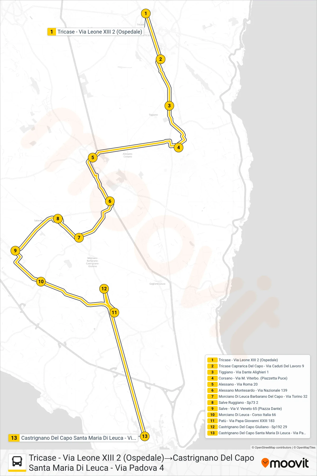 Linea 2134 - 1 bus (Tricase - Via Leone XIII 2 (Ospedale)→Castrignano Del Capo Santa Maria Di Leuca - Via Padova 4) - Percorsi e fermate sulla mappa