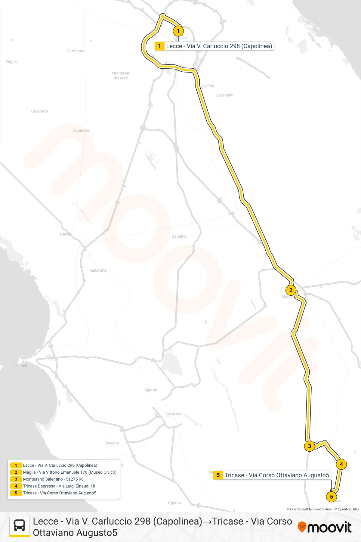Linea 0532 - 1 bus (Lecce - Via V. Carluccio 298 (Capolinea)→Tricase - Via Corso Ottaviano Augusto5) - Percorsi e fermate sulla mappa