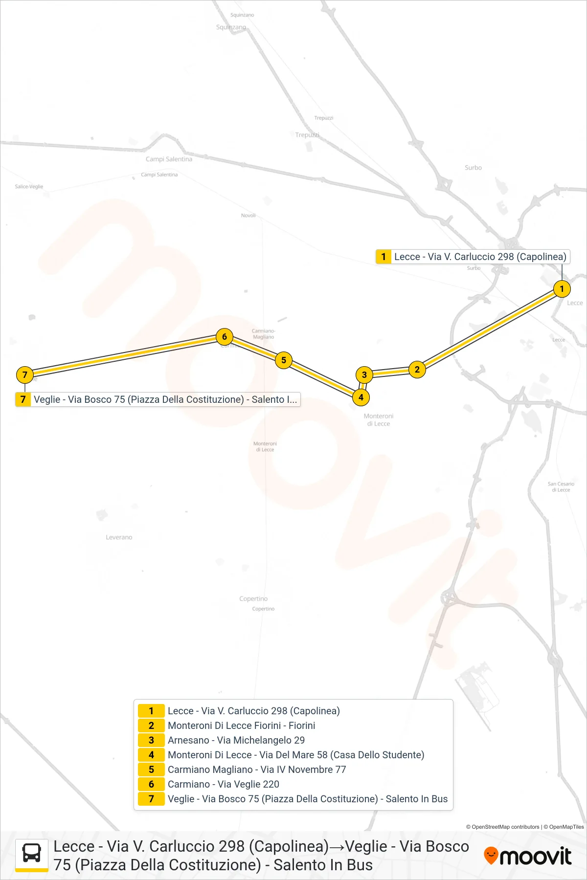 Linea 2032 SCOLASTICA bus (Lecce - Via V. Carluccio 298 (Capolinea)→Veglie - Via Bosco 75 (Piazza Della Costituzione) - Salento In Bus) - Percorsi e fermate sulla mappa