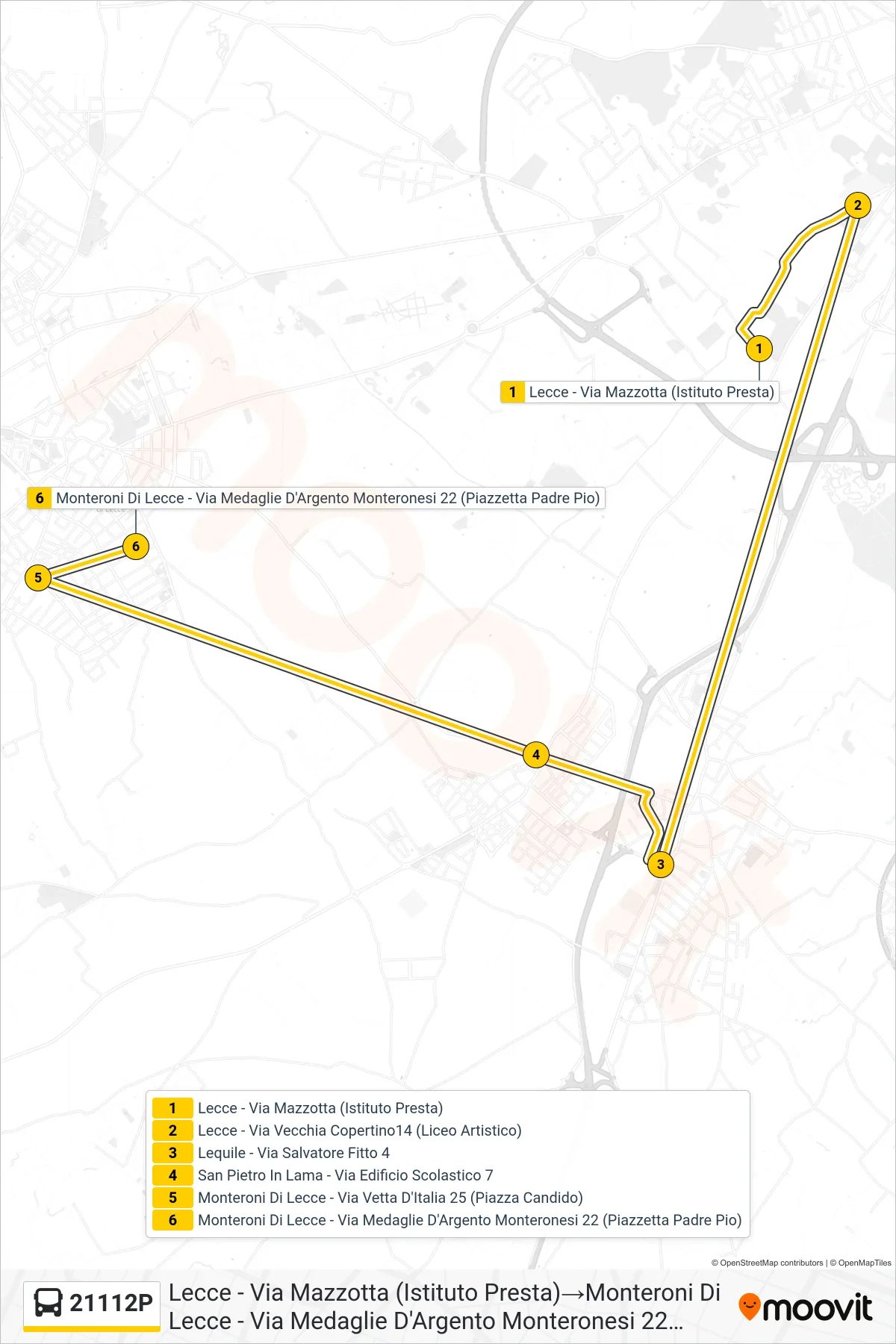 Linea 21112P  bus (Lecce - Via Mazzotta (Istituto Presta)‎→Monteroni Di Lecce - Via Medaglie D'Argento Monteronesi 22 (Piazzetta Padre Pio)) - Percorsi e fermate sulla mappa