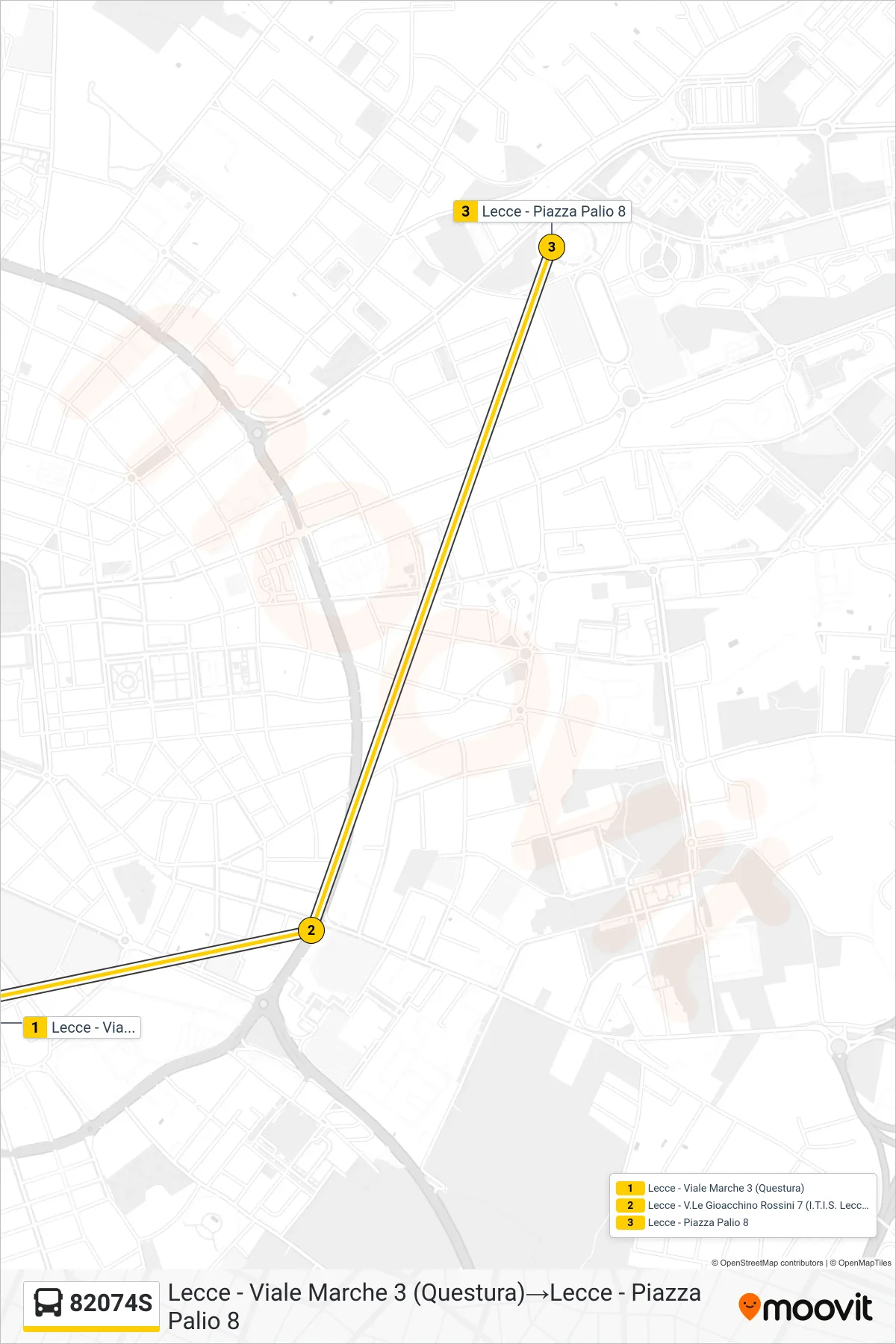 Linea 82074S  bus (Lecce - Viale Marche 3 (Questura)‎→Lecce - Piazza Palio 8) - Percorsi e fermate sulla mappa