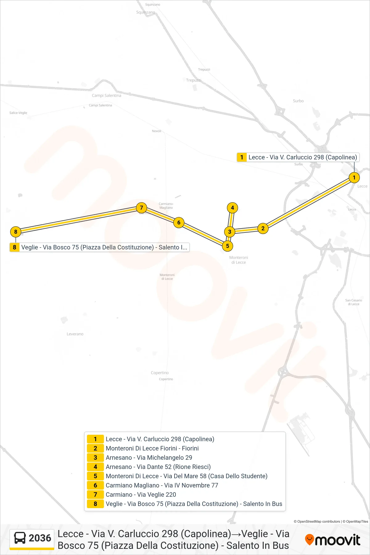 Linea 2036 bus (Lecce - Via V. Carluccio 298 (Capolinea)→Veglie - Via Bosco 75 (Piazza Della Costituzione) - Salento In Bus) - Percorsi e fermate sulla mappa