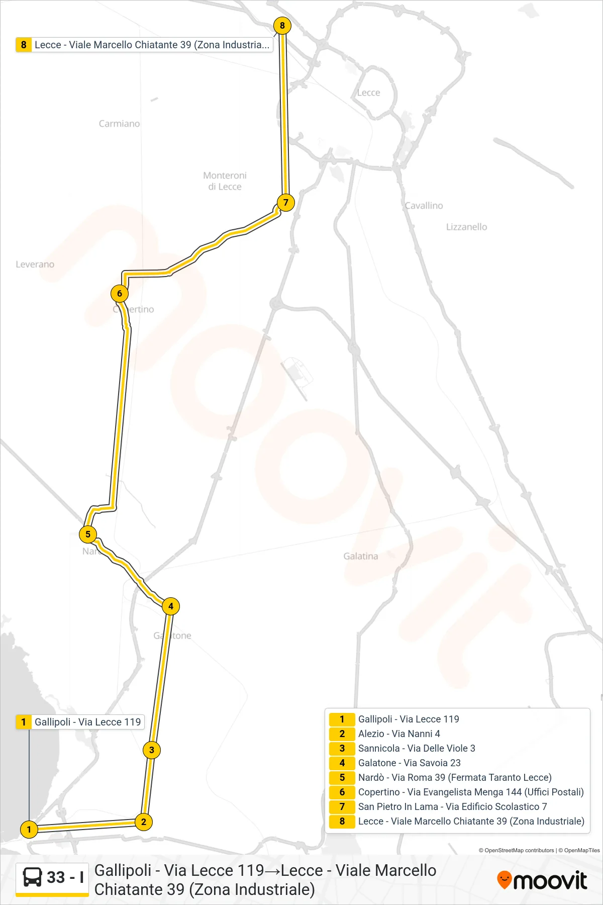 Linea 33 - I bus (Gallipoli - Via Lecce 119→Lecce - Viale Marcello Chiatante 39 (Zona Industriale)) - Percorsi e fermate sulla mappa