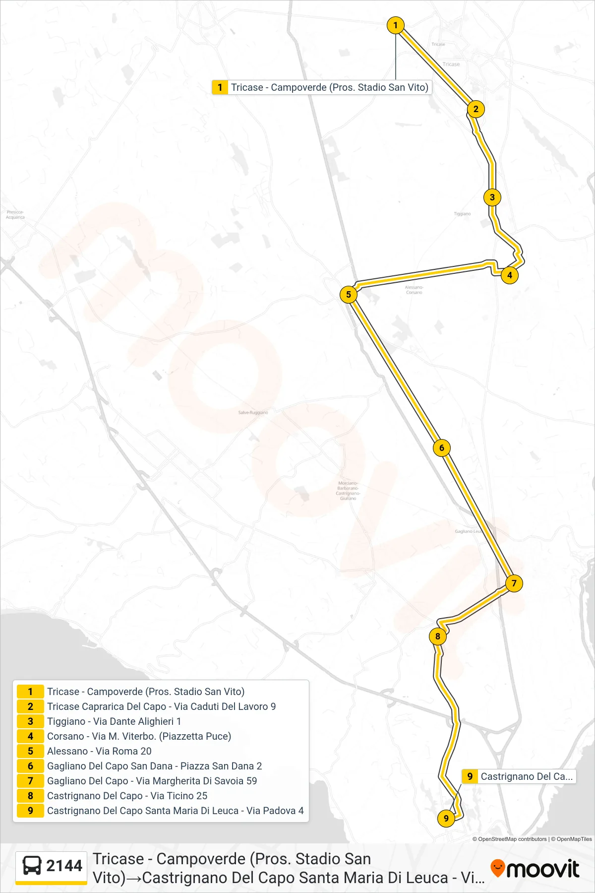Linea 2144 bus (Tricase - Campoverde (Pros. Stadio San Vito)→Castrignano Del Capo Santa Maria Di Leuca - Via Padova 4) - Percorsi e fermate sulla mappa