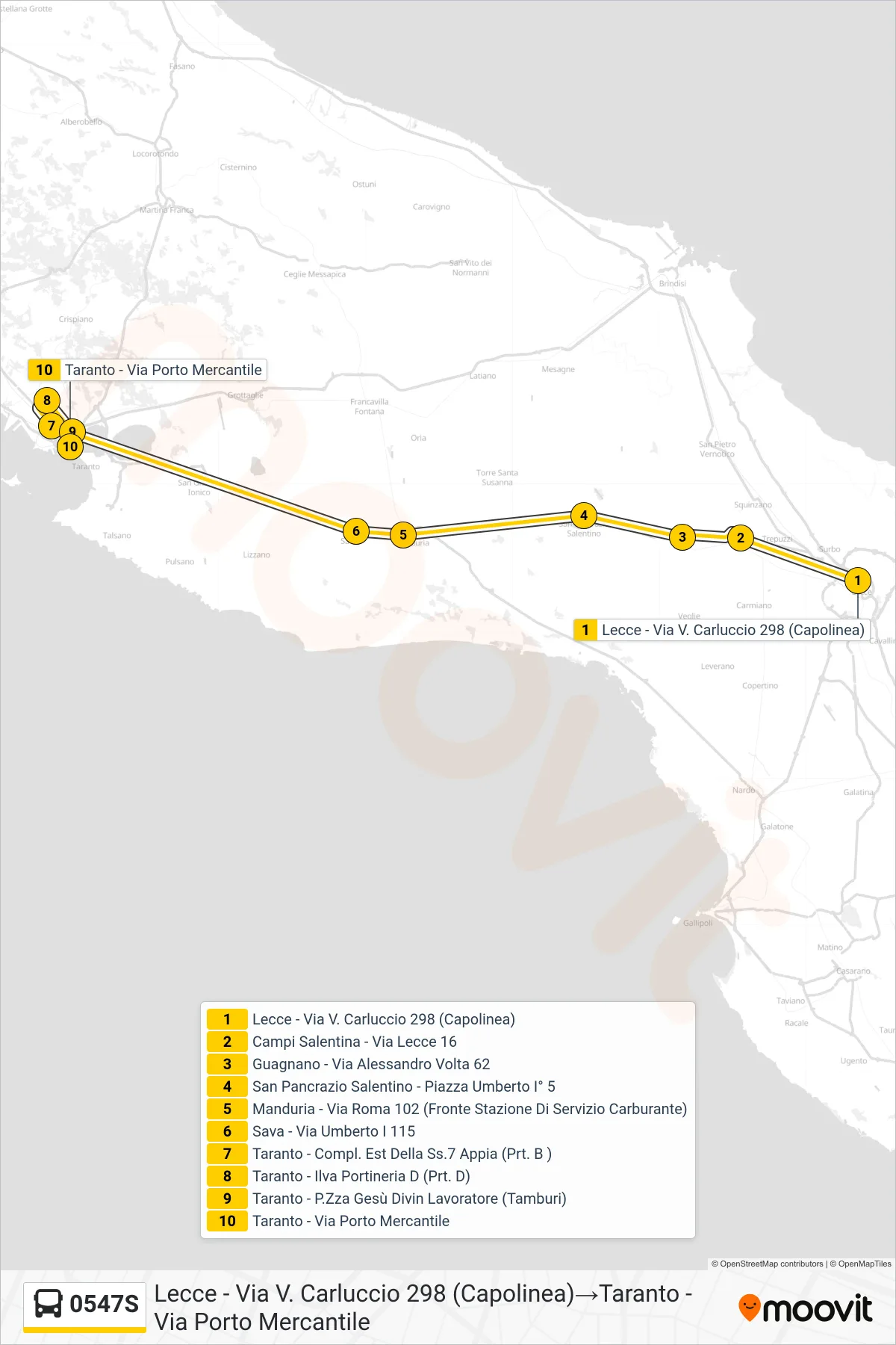 Linea 0547S bus (Lecce - Via V. Carluccio 298 (Capolinea)→Taranto - Via Porto Mercantile) - Percorsi e fermate sulla mappa