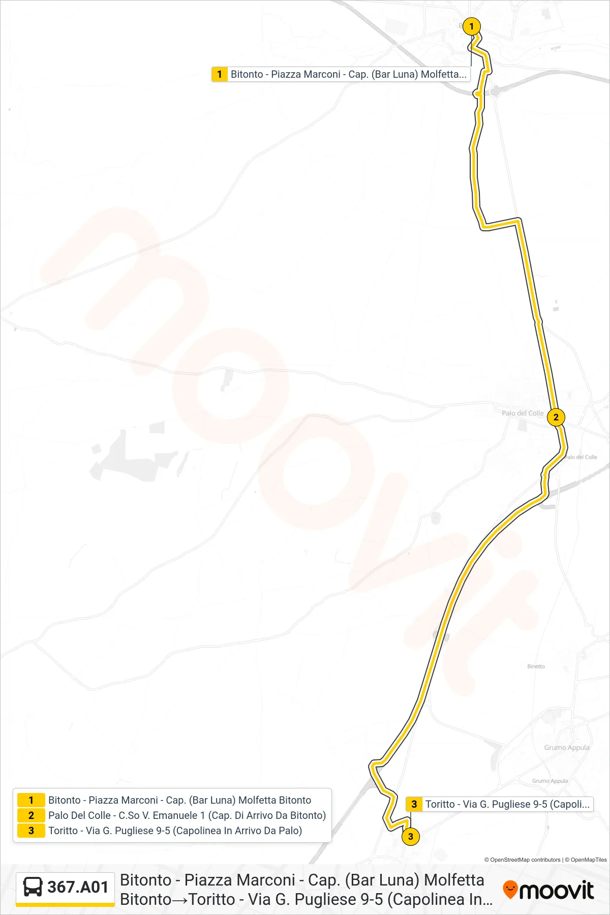 Linea 367.A01 bus (Bitonto - Piazza Marconi - Cap. (Bar Luna) Molfetta Bitonto→Toritto - Via G. Pugliese 9-5 (Capolinea In Arrivo Da Palo)) - Percorsi e fermate sulla mappa