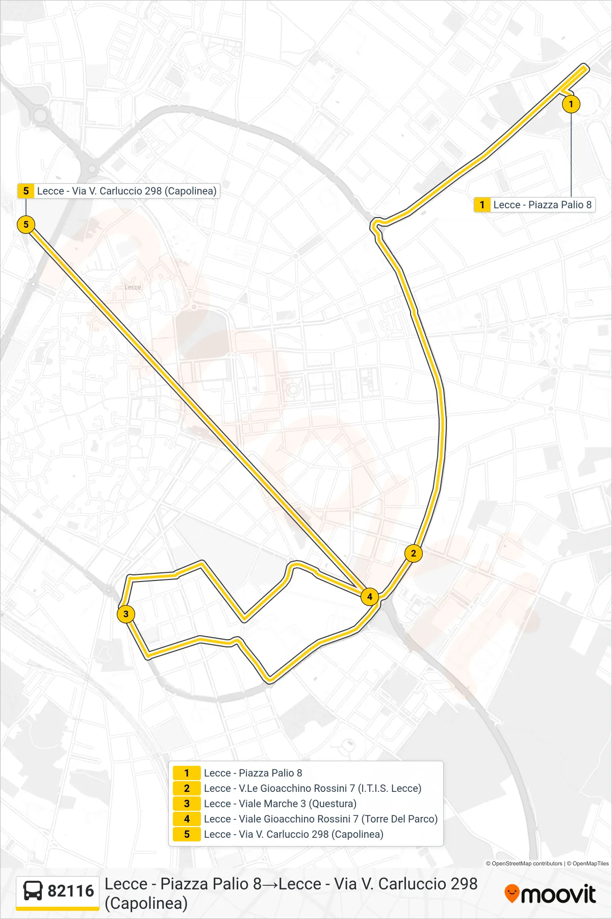 Linea 82116  bus (Lecce - Piazza Palio 8‎→Lecce - Via V. Carluccio 298 (Capolinea)) - Percorsi e fermate sulla mappa
