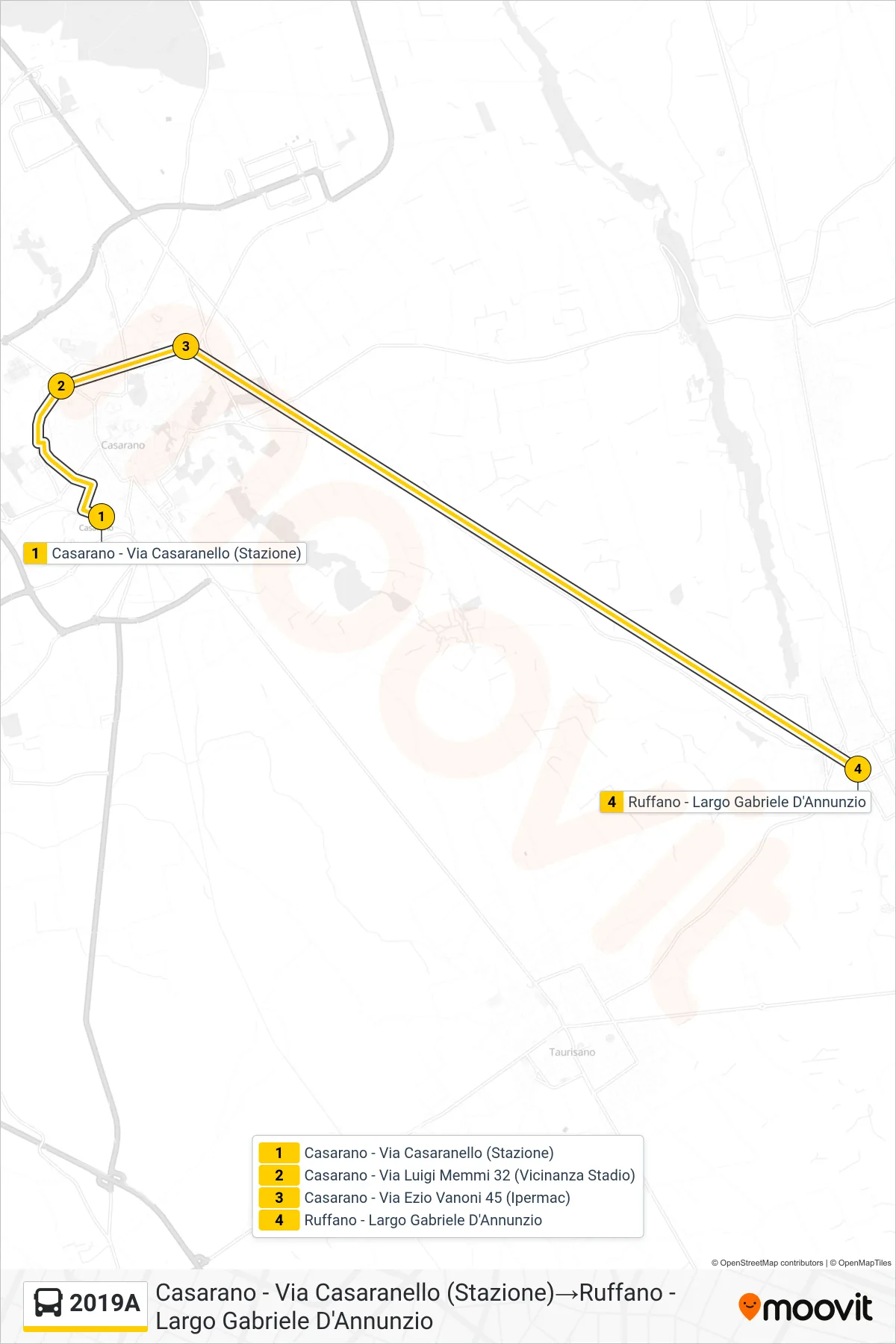 Linea 2019A bus (Casarano - Via Casaranello (Stazione)→Ruffano - Largo Gabriele D'Annunzio) - Percorsi e fermate sulla mappa
