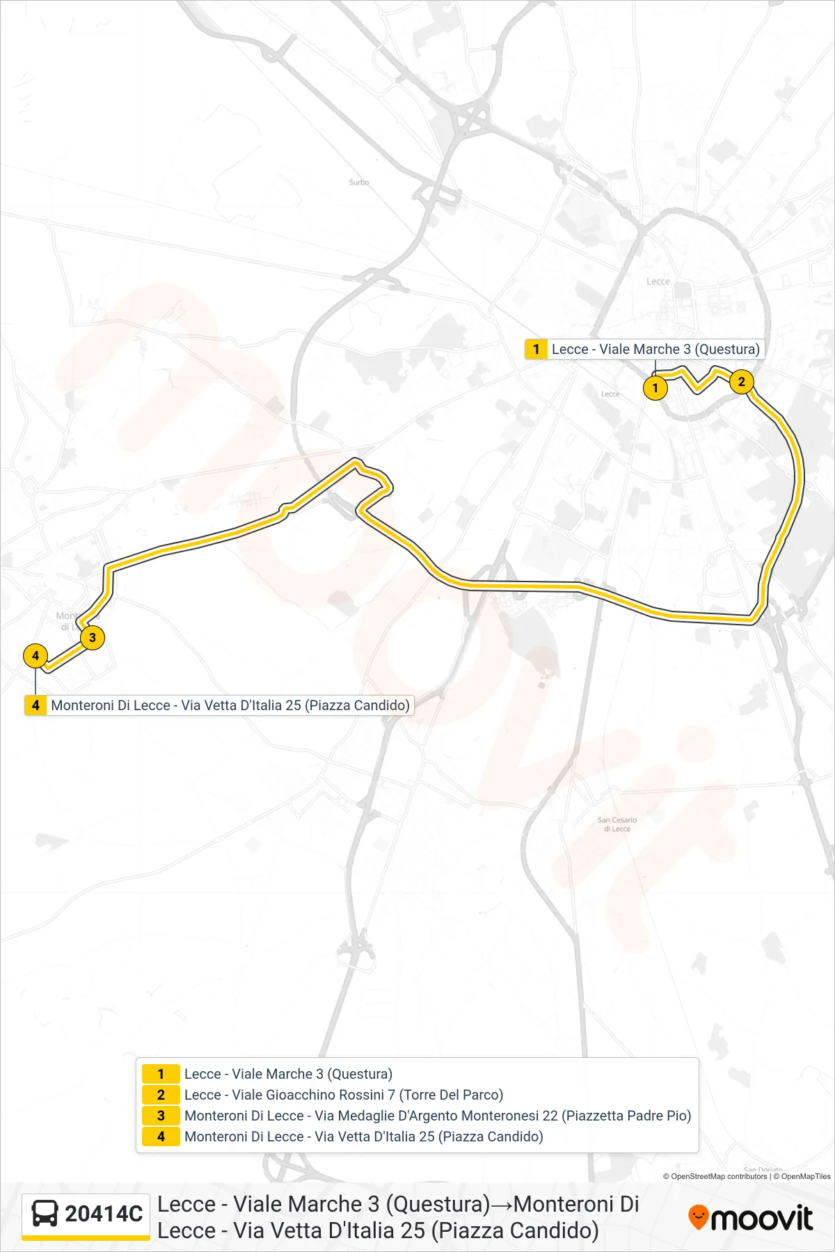 Linea 20414C  bus (Lecce - Viale Marche 3 (Questura)‎→Monteroni Di Lecce - Via Vetta D'Italia 25  (Piazza Candido)) - Percorsi e fermate sulla mappa