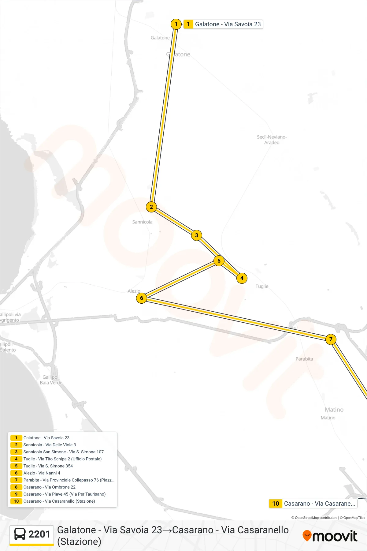 Linea 2201 bus (Galatone - Via Savoia 23→Casarano - Via Casaranello (Stazione)) - Percorsi e fermate sulla mappa
