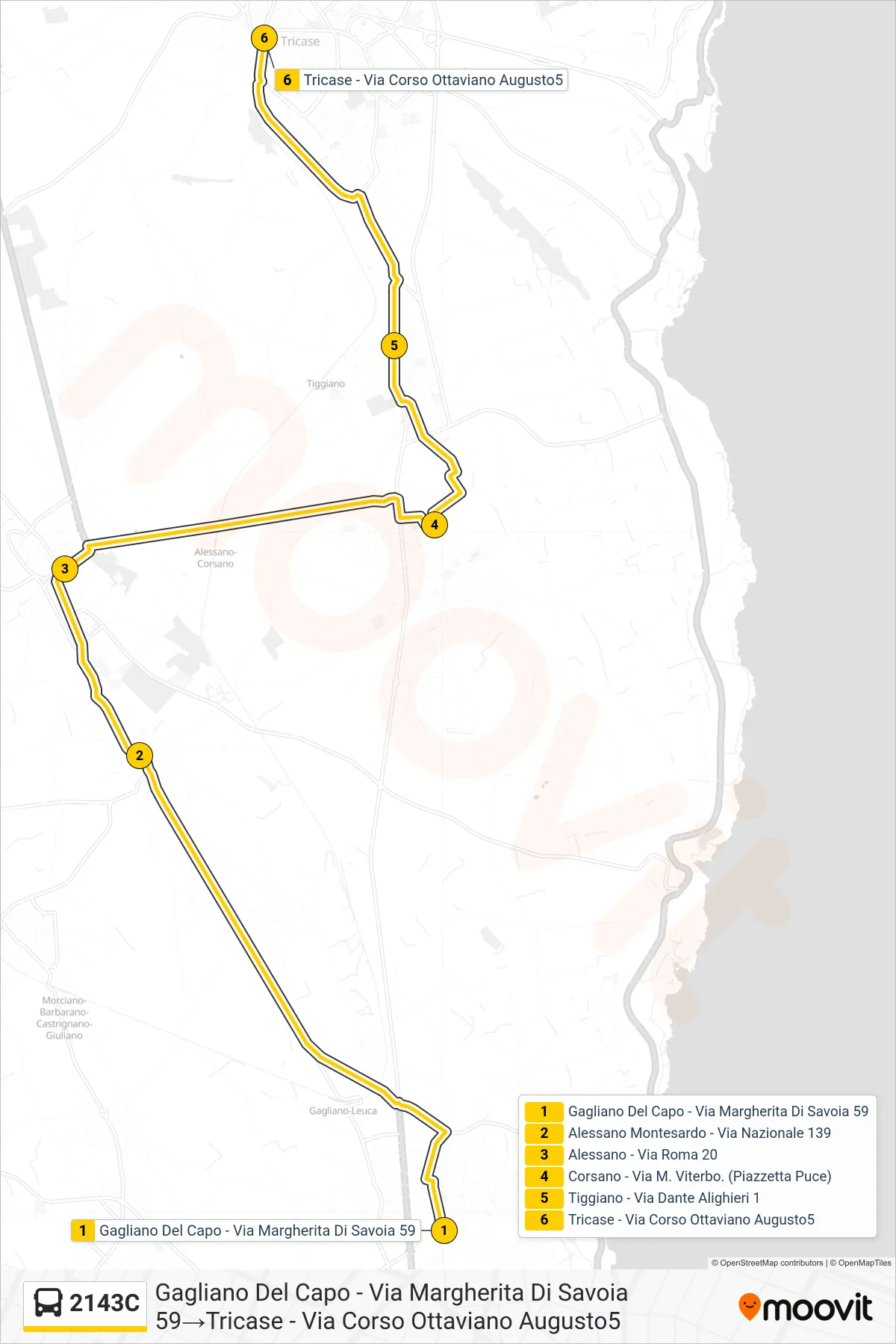 Linea 2143C bus (Gagliano Del Capo - Via Margherita Di Savoia 59→Tricase - Via Corso Ottaviano Augusto5) - Percorsi e fermate sulla mappa