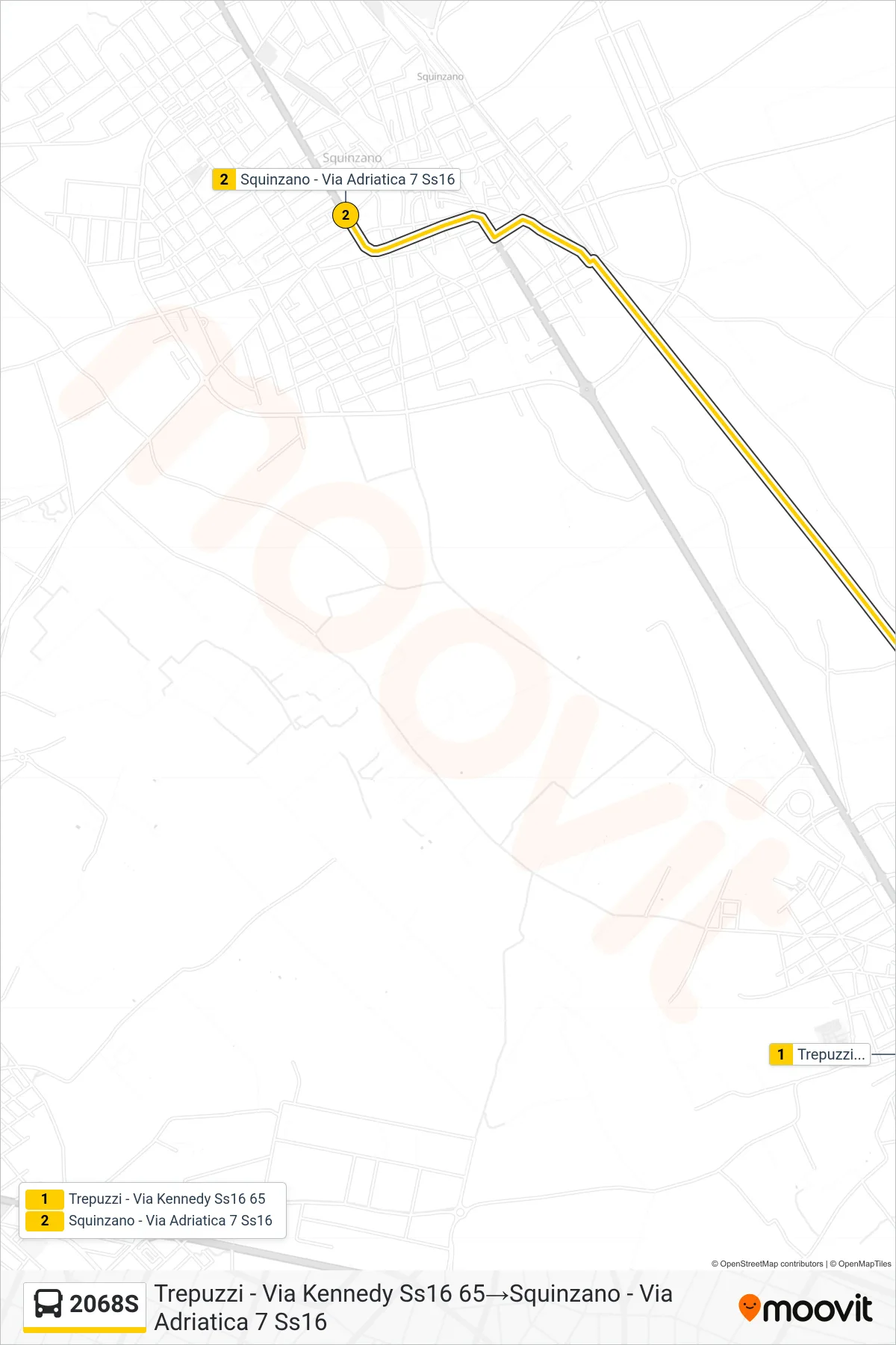 Linea 2068S bus (Trepuzzi - Via Kennedy Ss16 65→Squinzano - Via Adriatica 7 Ss16) - Percorsi e fermate sulla mappa