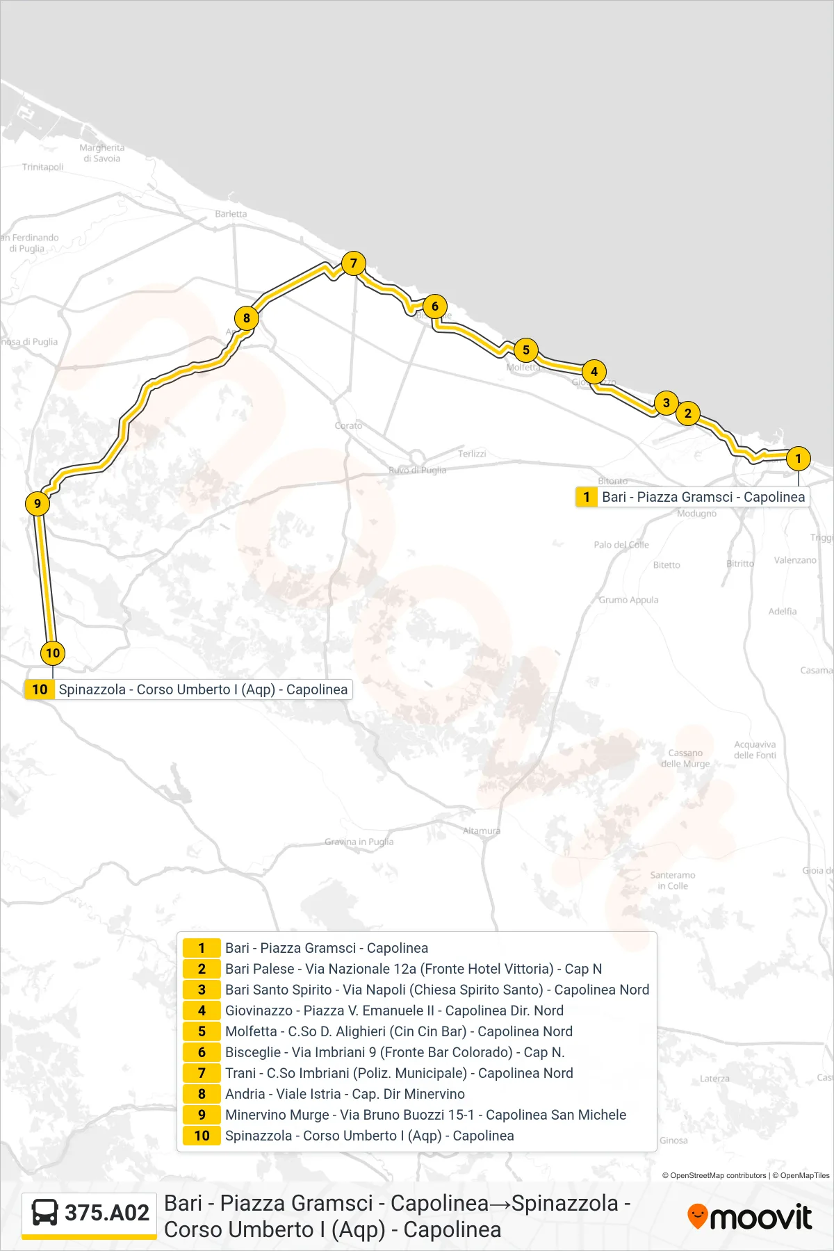Linea 375.A02 bus (Bari - Piazza Gramsci - Capolinea→Spinazzola - Corso Umberto I (Aqp) - Capolinea) - Percorsi e fermate sulla mappa