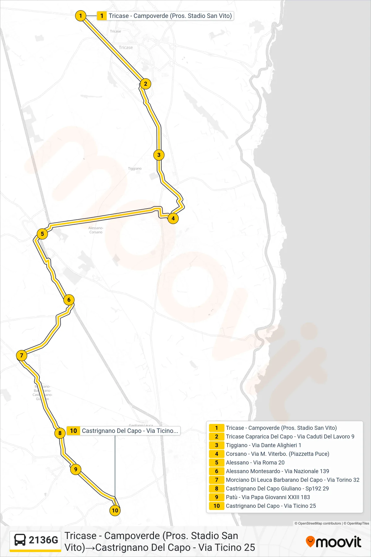 Linea 2136G  bus (Tricase - Campoverde (Pros. Stadio San Vito)‎→Castrignano Del Capo - Via Ticino 25) - Percorsi e fermate sulla mappa