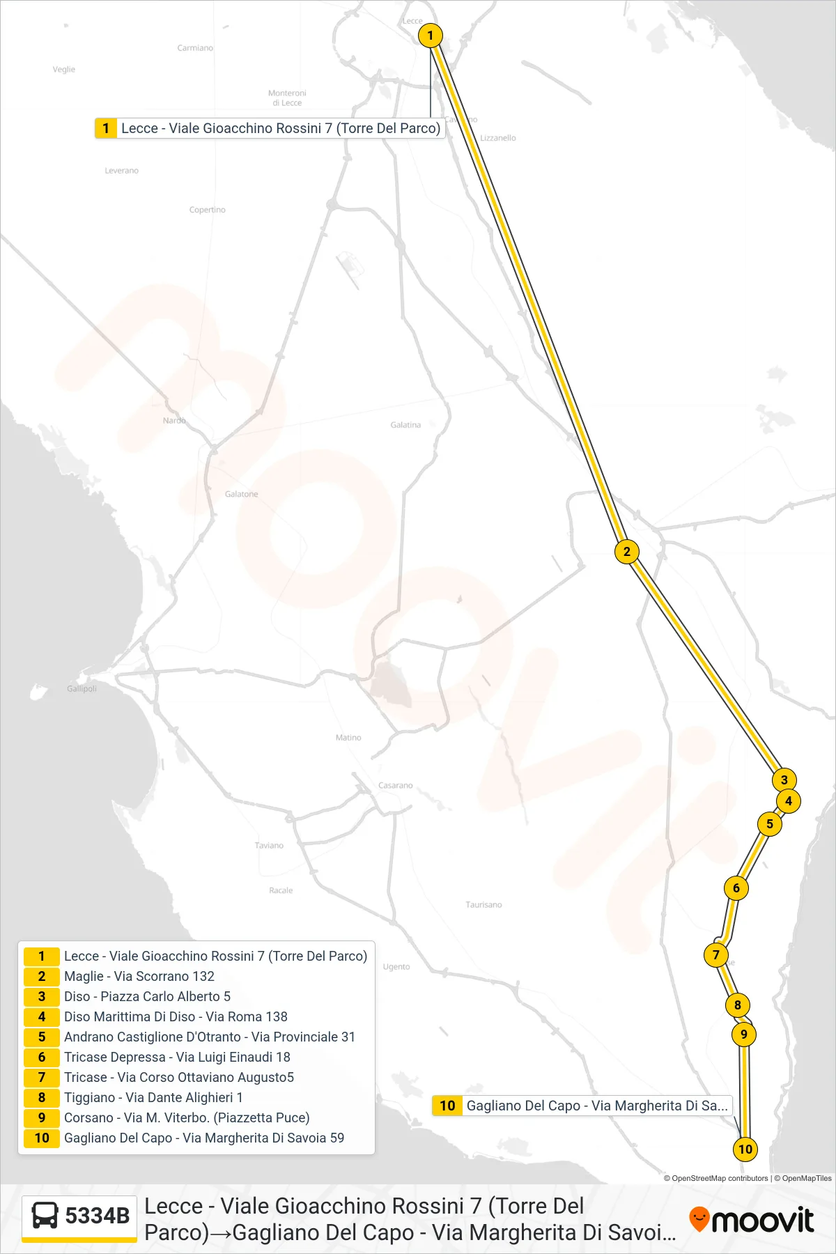 Linea 5334B  bus (Lecce - Viale Gioacchino Rossini 7 (Torre Del Parco)‎→Gagliano Del Capo - Via Margherita Di Savoia 59) - Percorsi e fermate sulla mappa