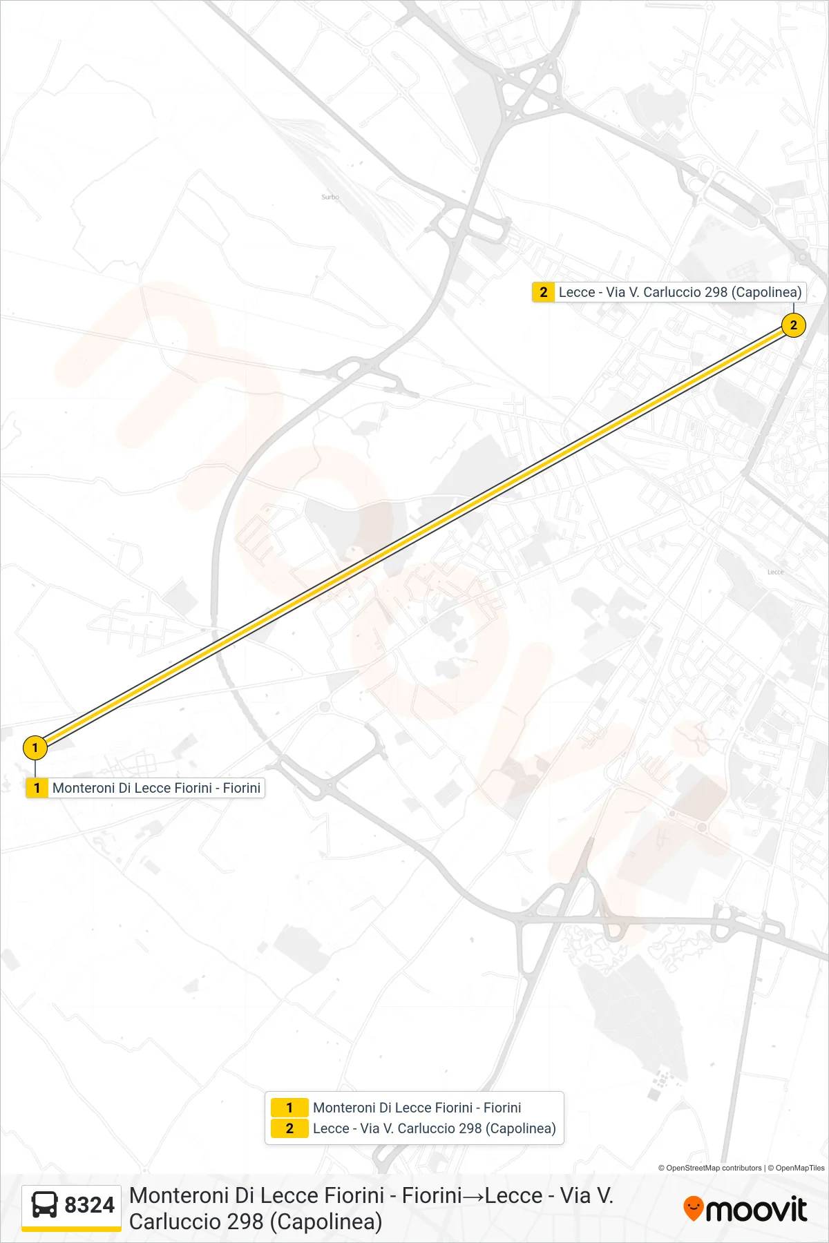 Linea 8324  bus (Monteroni Di Lecce Fiorini - Fiorini‎→Lecce - Via V. Carluccio 298 (Capolinea)) - Percorsi e fermate sulla mappa