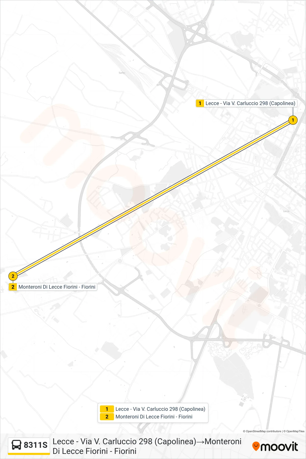 Linea 8311S bus (Lecce - Via V. Carluccio 298 (Capolinea)→Monteroni Di Lecce Fiorini - Fiorini) - Percorsi e fermate sulla mappa