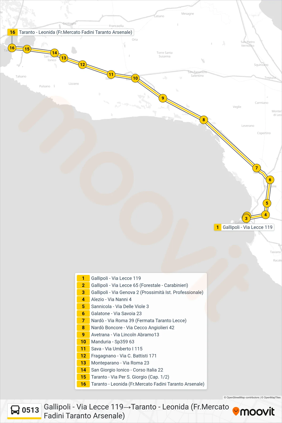 Linea 0513 bus (Gallipoli - Via Lecce 119→Taranto - Leonida (Fr.Mercato Fadini Taranto Arsenale)) - Percorsi e fermate sulla mappa
