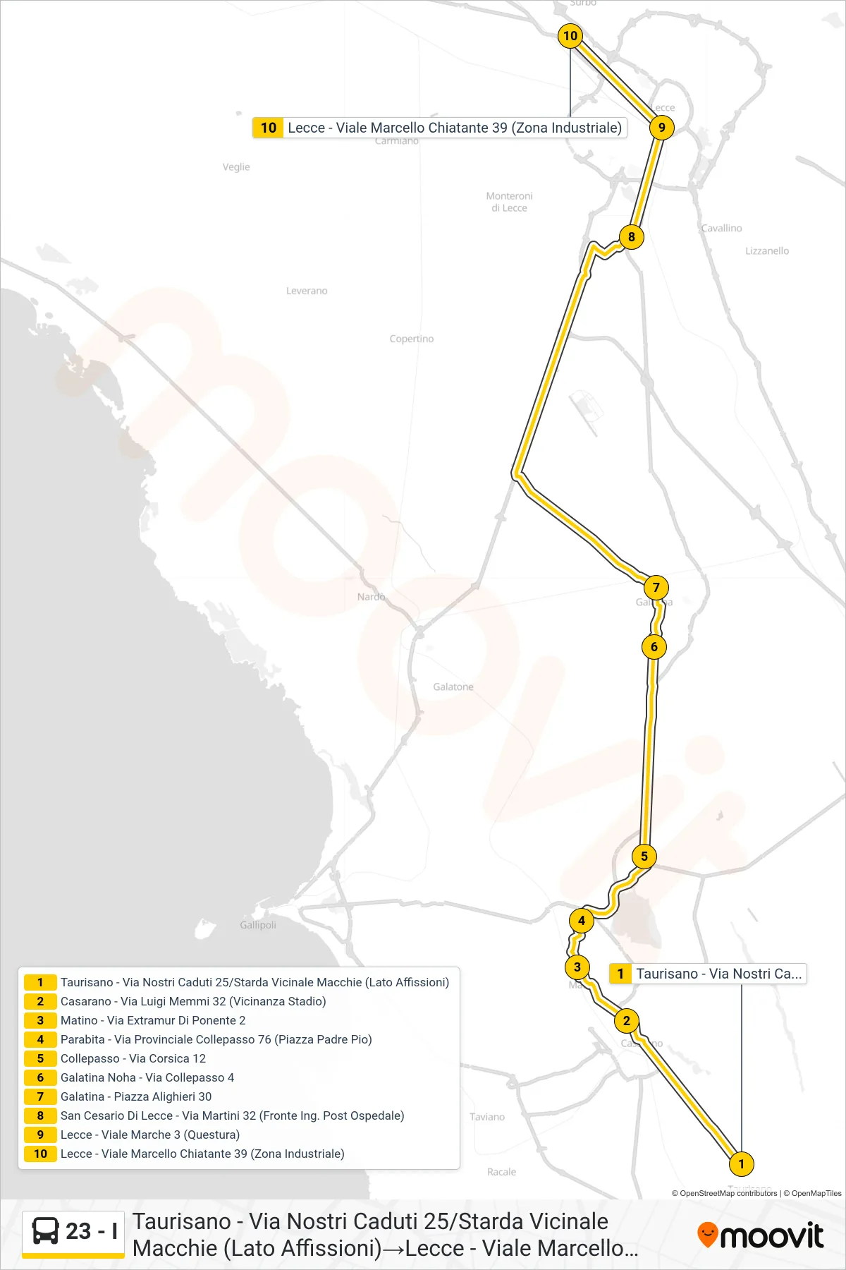 Linea 23 - I bus (Taurisano - Via Nostri Caduti 25/Starda Vicinale Macchie (Lato Affissioni)→Lecce - Viale Marcello Chiatante 39 (Zona Industriale)) - Percorsi e fermate sulla mappa