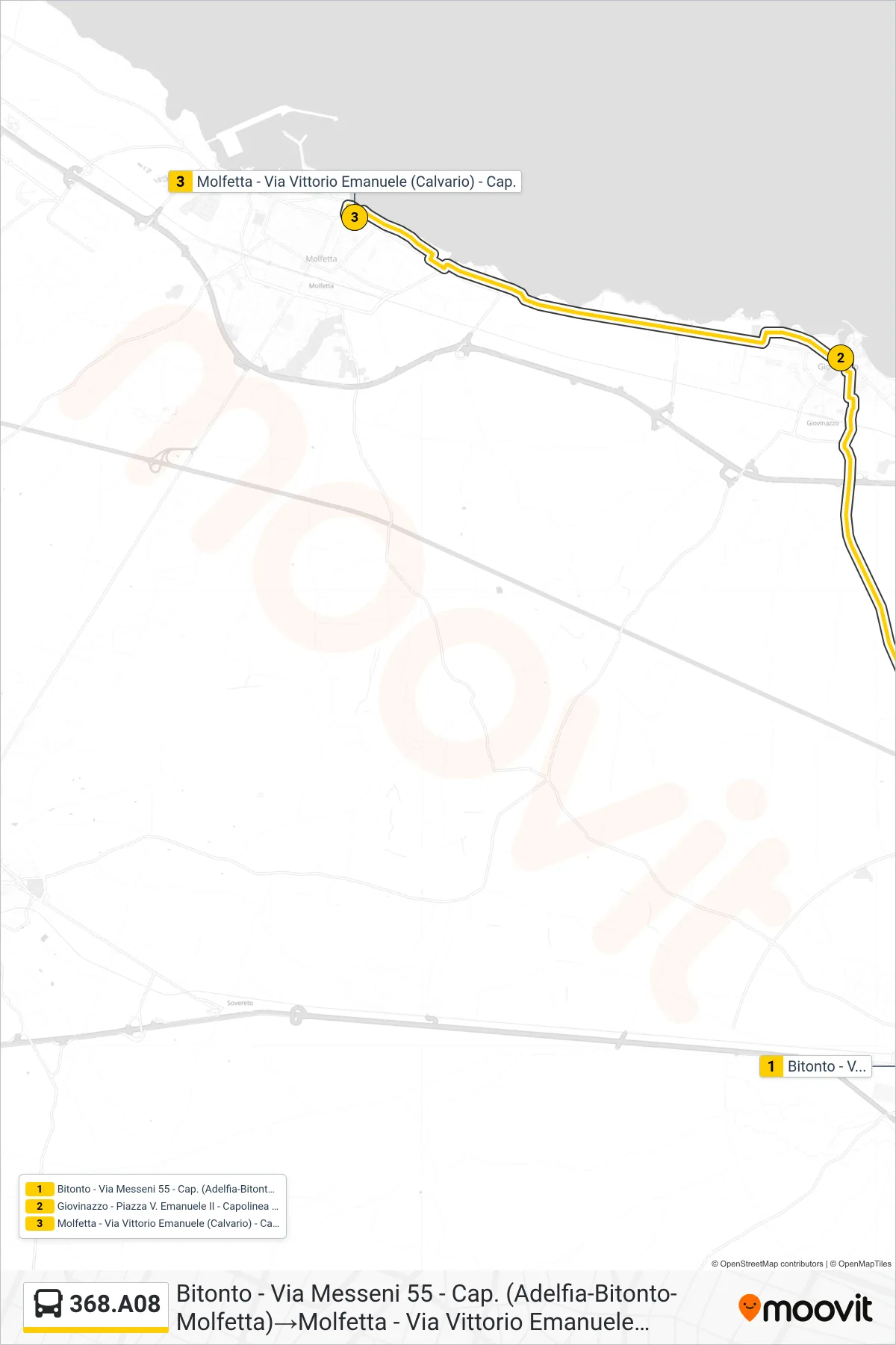 Linea 368.A08 bus (Bitonto - Via Messeni 55 - Cap. (Adelfia-Bitonto-Molfetta)→Molfetta - Via Vittorio Emanuele (Calvario) - Cap.) - Percorsi e fermate sulla mappa