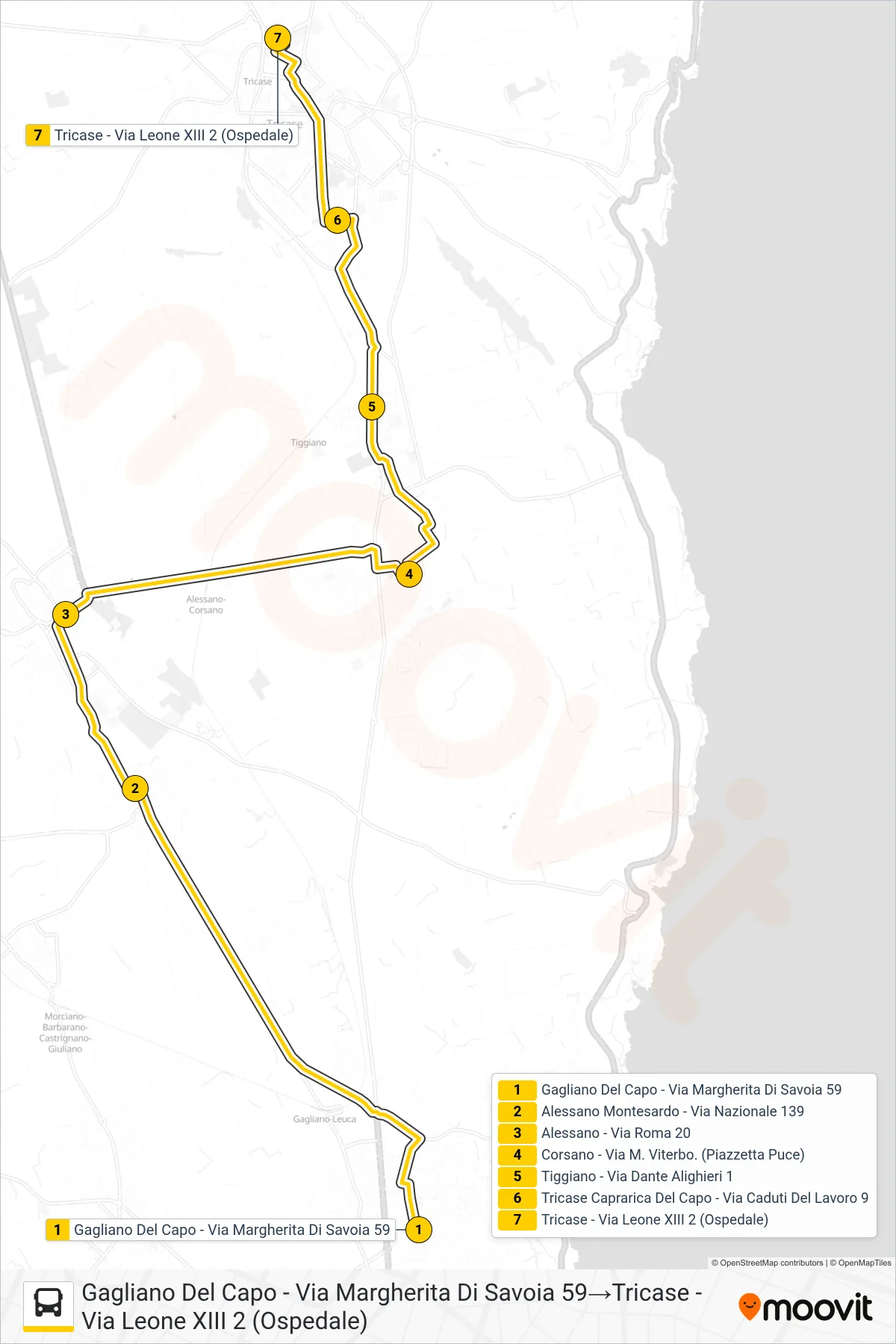 Linea 2139 - 2  bus (Gagliano Del Capo - Via Margherita Di Savoia 59‎→Tricase - Via Leone XIII 2 (Ospedale)) - Percorsi e fermate sulla mappa