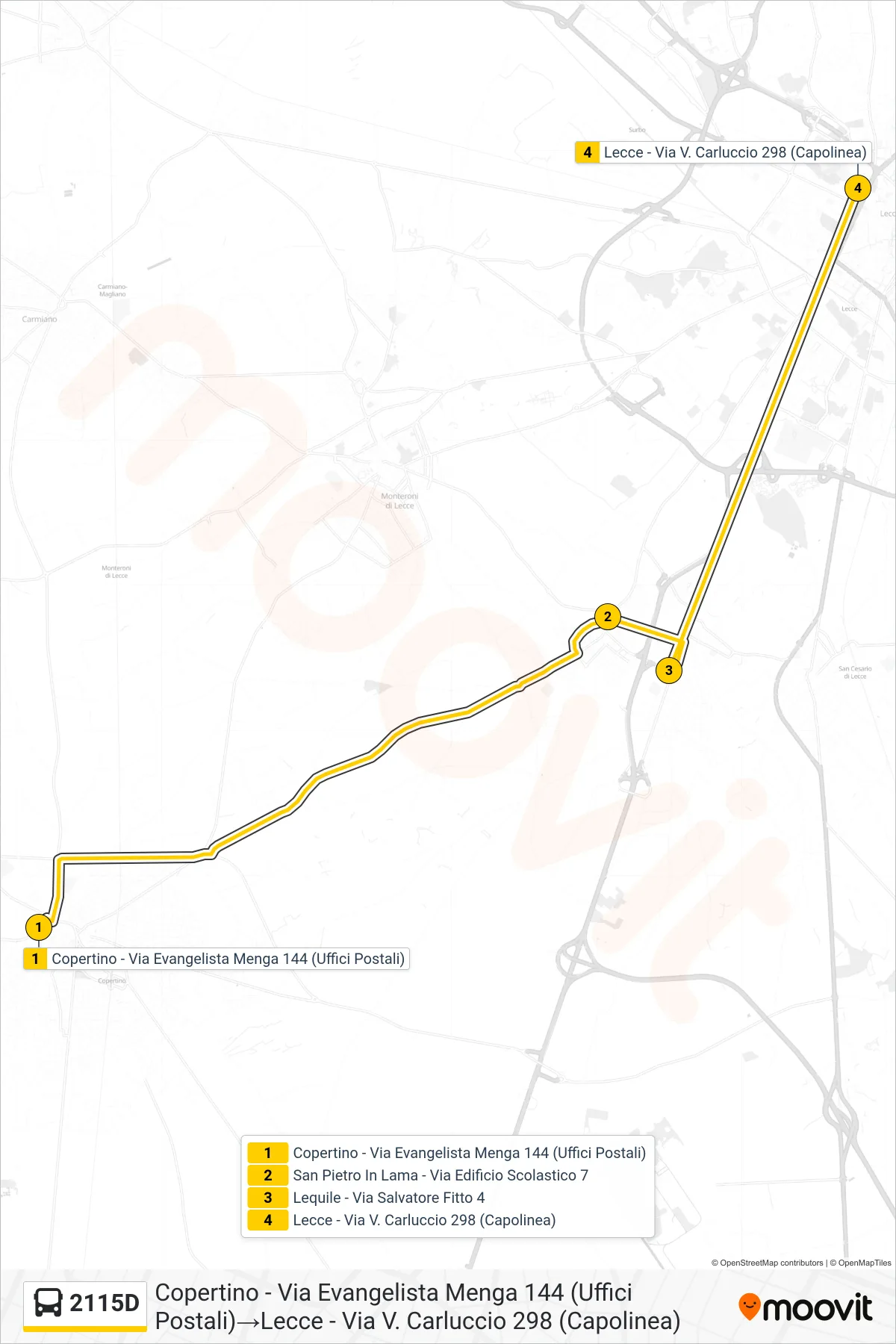 Linea 2115D bus (Copertino - Via Evangelista Menga 144 (Uffici Postali)→Lecce - Via V. Carluccio 298 (Capolinea)) - Percorsi e fermate sulla mappa