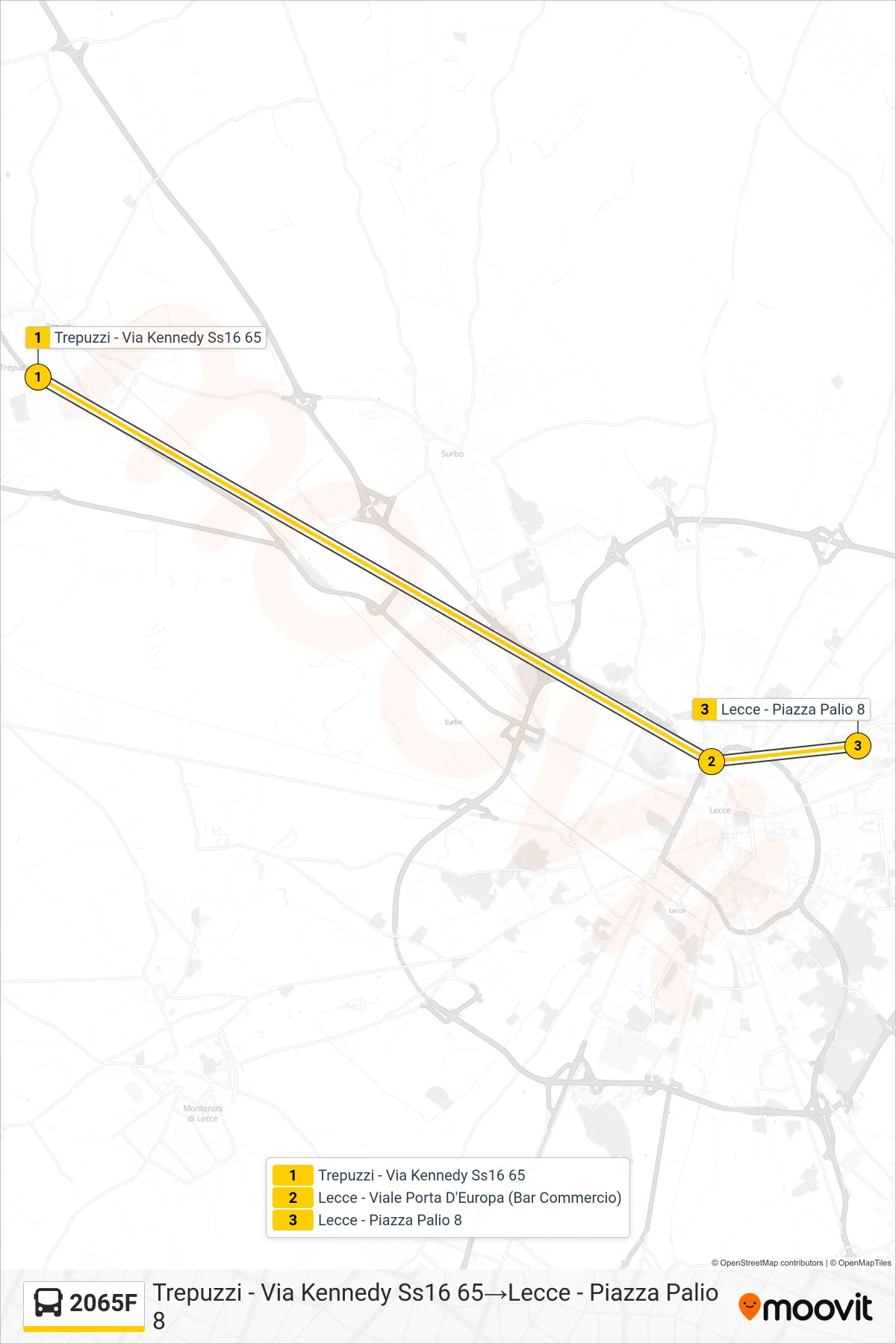 Linea 2065F bus (Trepuzzi - Via Kennedy Ss16 65→Lecce - Piazza Palio 8) - Percorsi e fermate sulla mappa