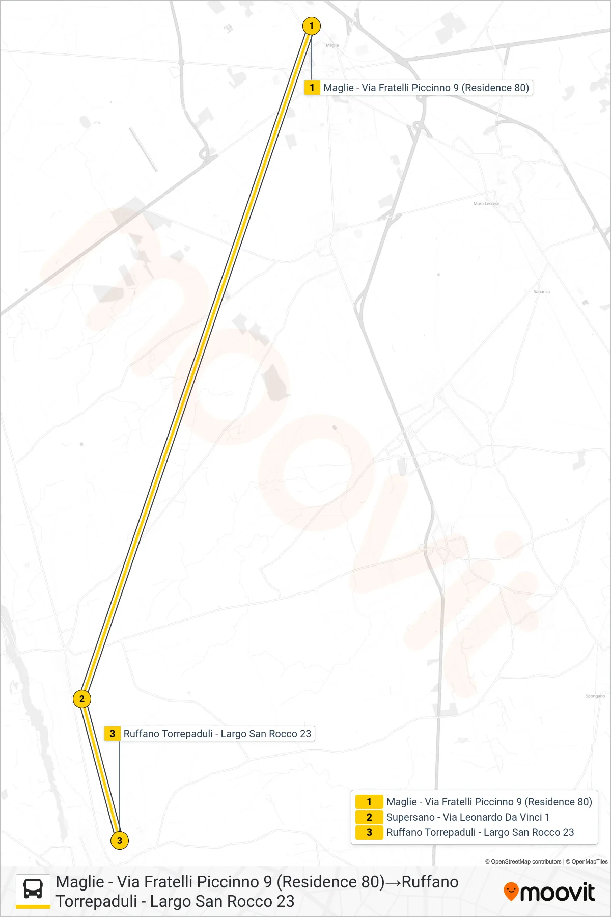 Linea 2016BB - 1 bus (Maglie - Via Fratelli Piccinno 9 (Residence 80)→Ruffano Torrepaduli - Largo San Rocco 23) - Percorsi e fermate sulla mappa