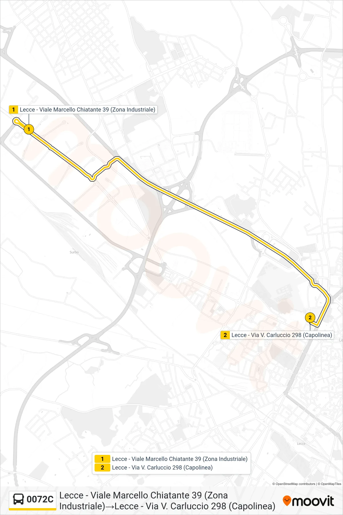Linea 0072C  bus (Lecce - Viale Marcello Chiatante 39 (Zona Industriale)‎→Lecce - Via V. Carluccio 298 (Capolinea)) - Percorsi e fermate sulla mappa