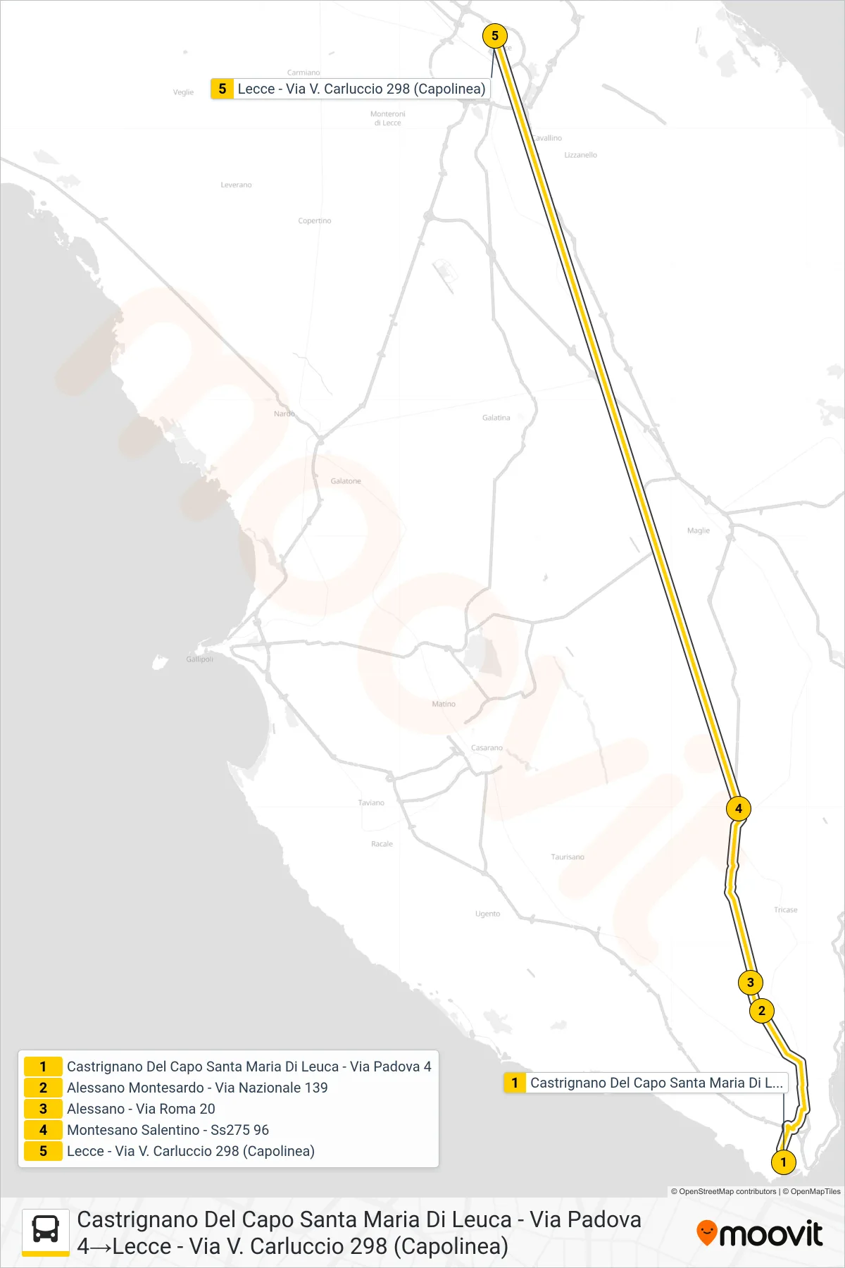Linea 2185 - 2 bus (Castrignano Del Capo Santa Maria Di Leuca - Via Padova 4→Lecce - Via V. Carluccio 298 (Capolinea)) - Percorsi e fermate sulla mappa