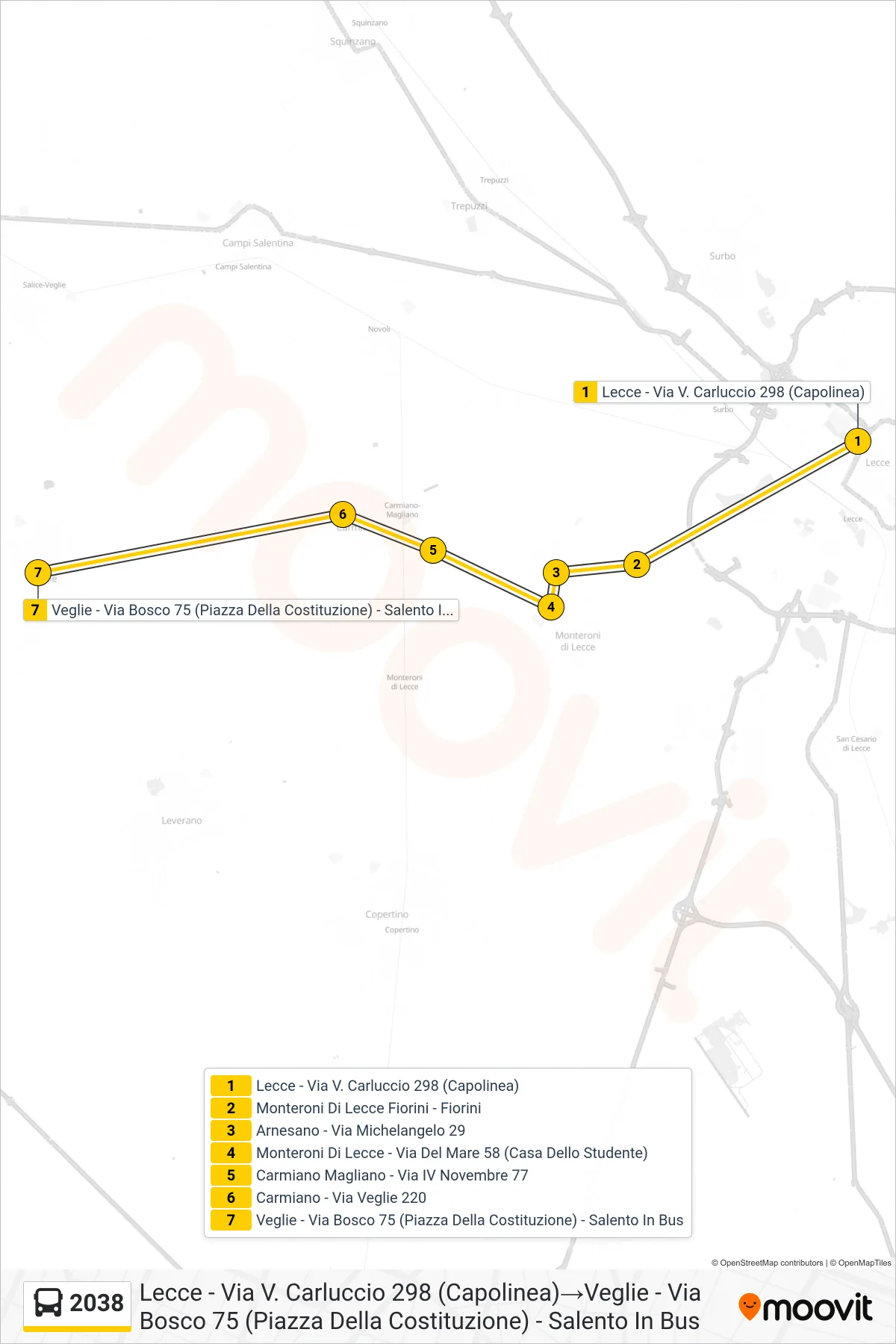 Linea 2038  bus (Lecce - Via V. Carluccio 298 (Capolinea)‎→Veglie - Via Bosco 75 (Piazza Della Costituzione) - Salento In Bus) - Percorsi e fermate sulla mappa
