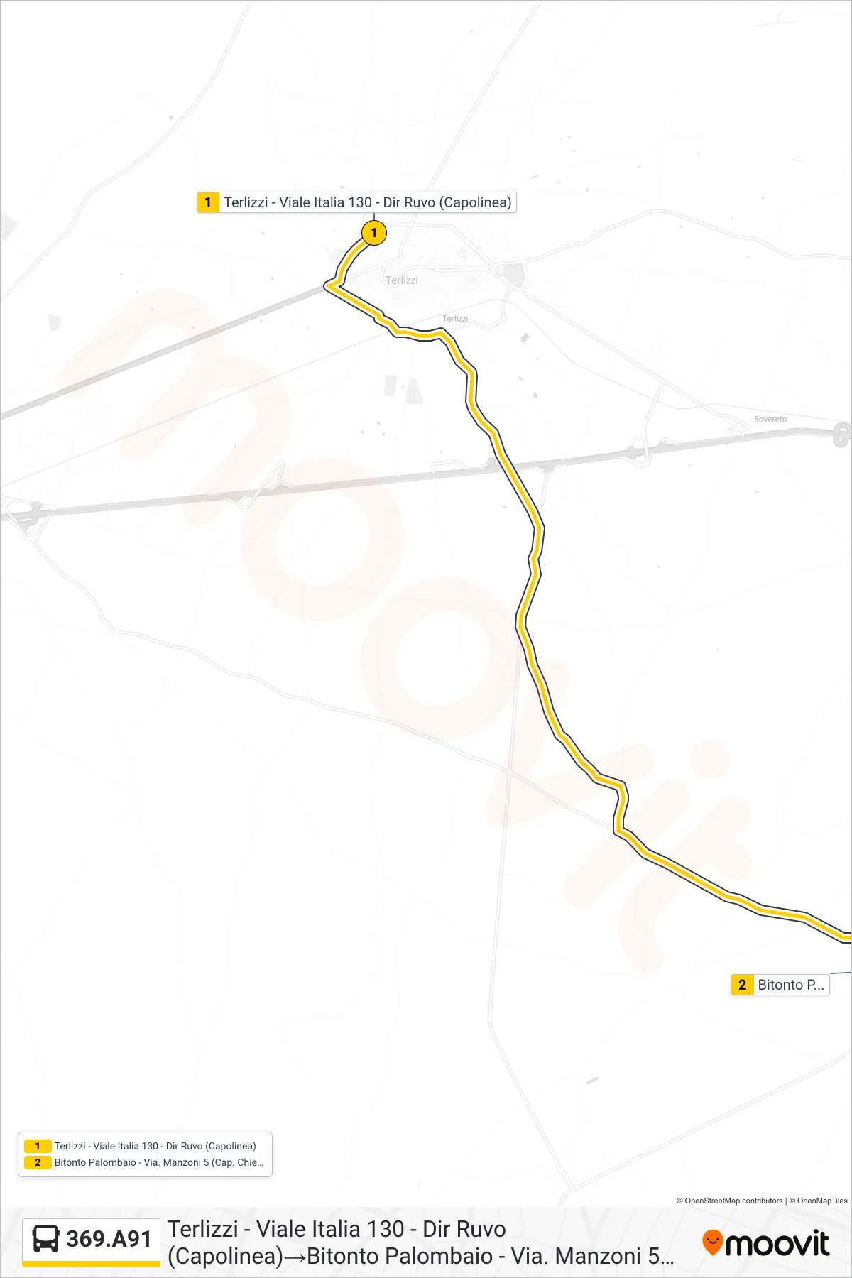 Linea 369.A91  bus (Terlizzi - Viale Italia 130 - Dir Ruvo (Capolinea)‎→Bitonto Palombaio - Via. Manzoni 5 (Cap. Chiesa SS Imm. )) - Percorsi e fermate sulla mappa