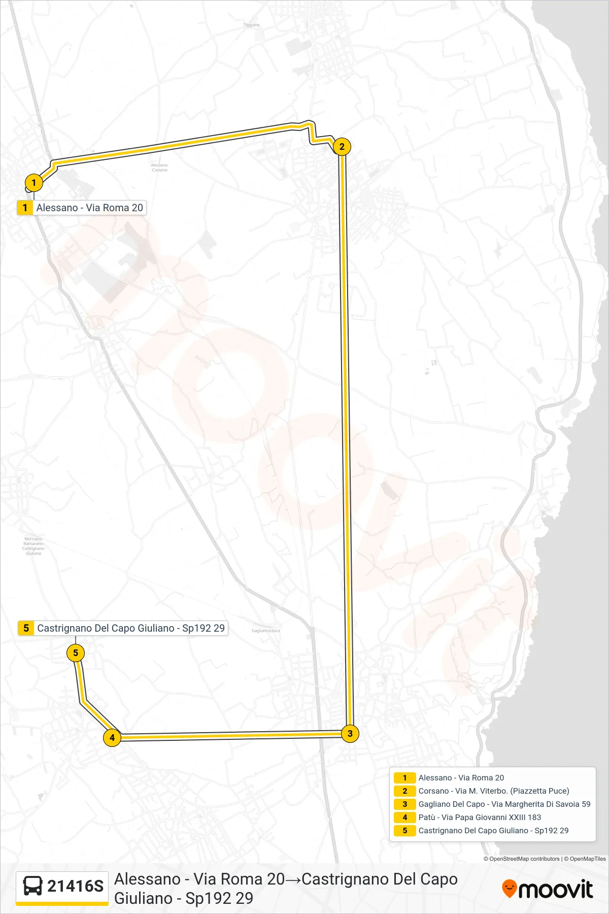 Linea 21416S  bus (Alessano - Via Roma 20‎→Castrignano Del Capo Giuliano - Sp192 29) - Percorsi e fermate sulla mappa