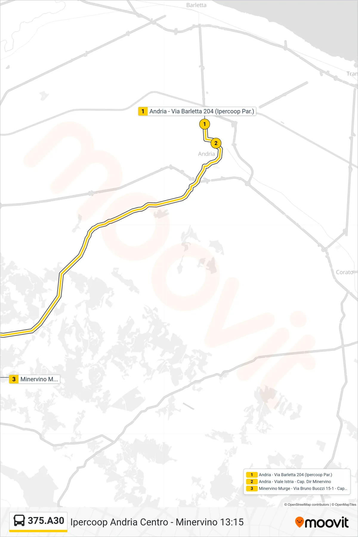 Linea 375.A30  bus (Andria - Via Barletta 204 (Ipercoop Par.)‎→Minervino Murge - Via Bruno Buozzi 15-1 - Capolinea San Michele) - Percorsi e fermate sulla mappa