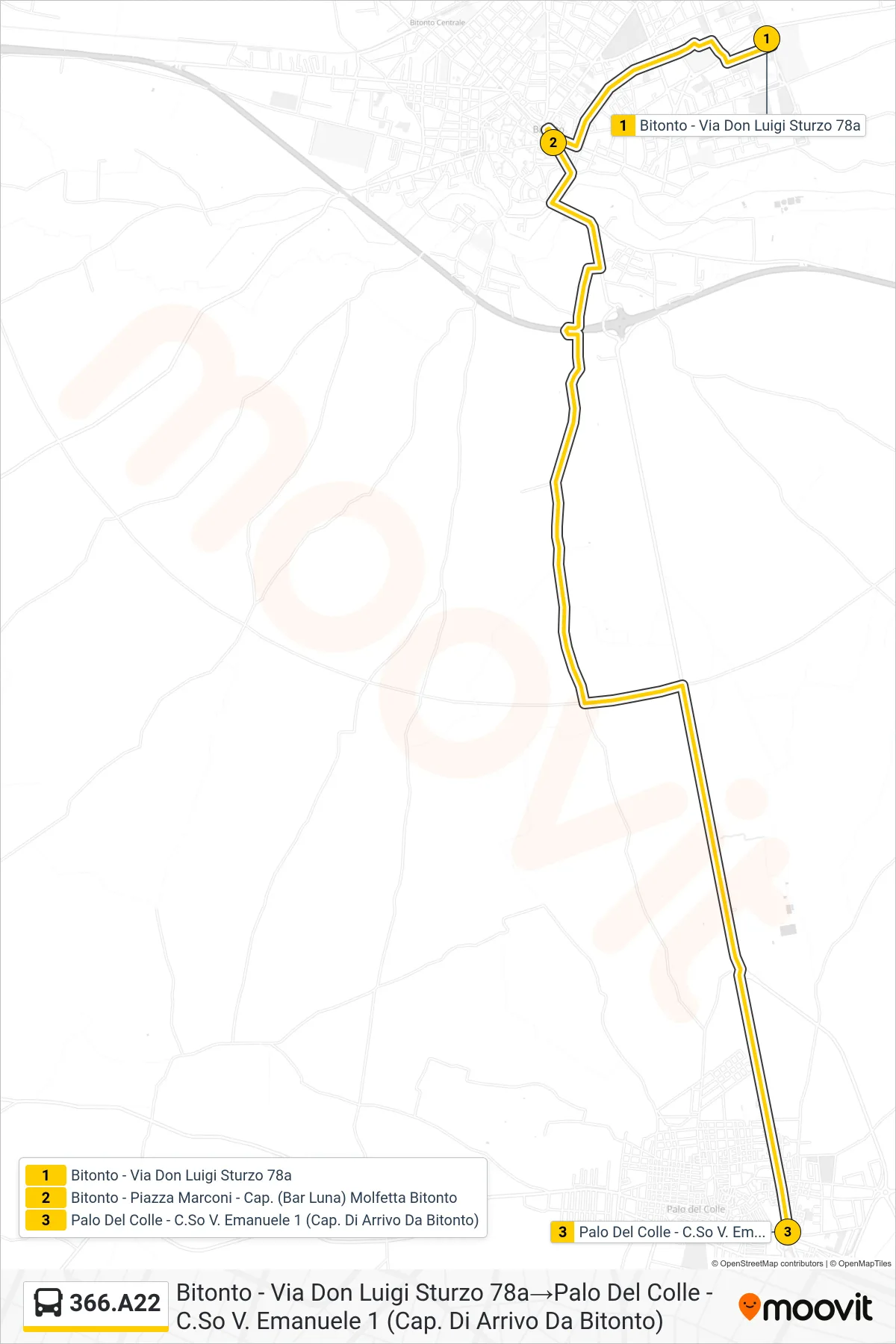Linea 366.A22 bus (Bitonto - Via Don Luigi Sturzo 78a→Palo Del Colle - C.So V. Emanuele 1 (Cap. Di Arrivo Da Bitonto)) - Percorsi e fermate sulla mappa