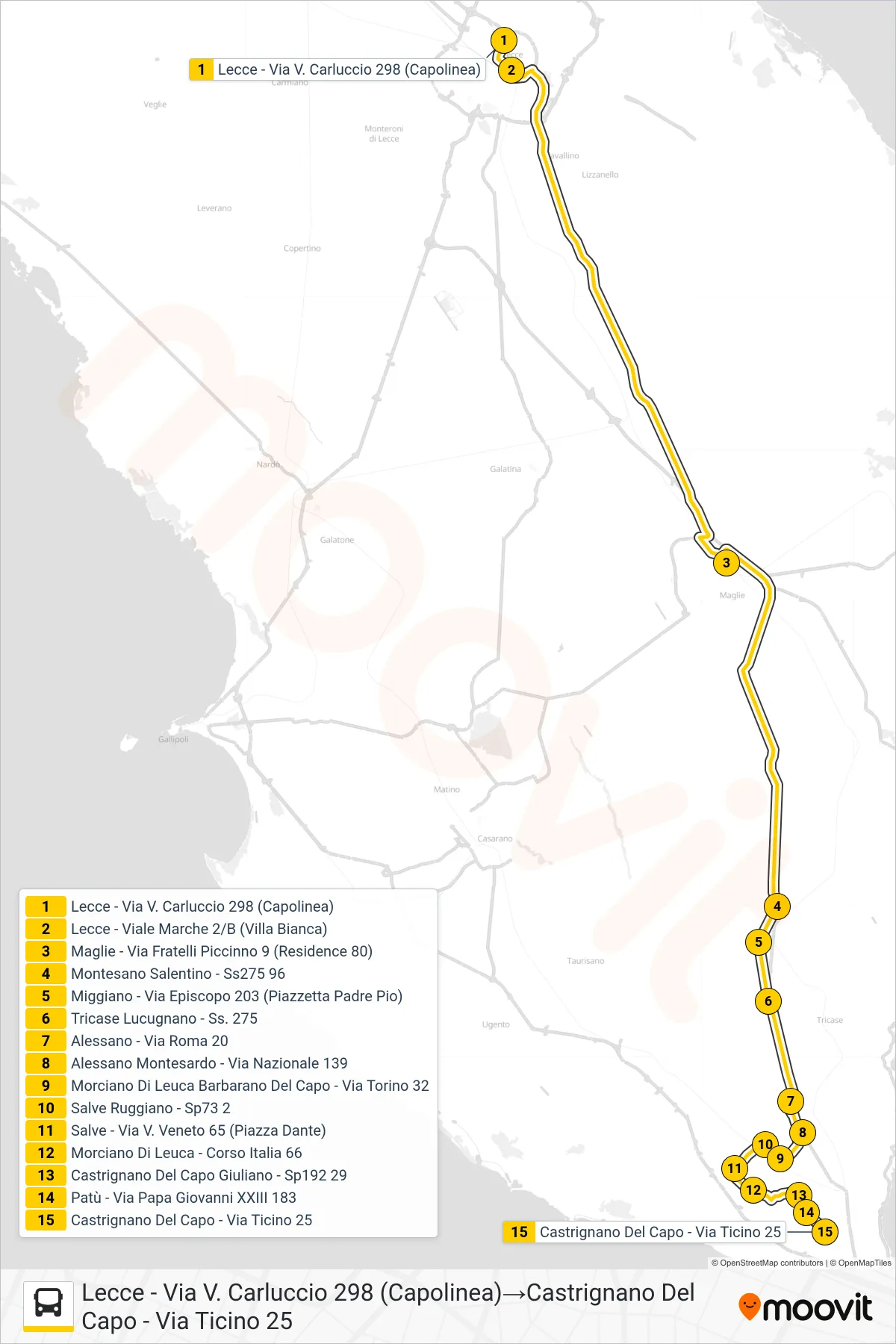 Linea 0072 - F  bus (Lecce - Via V. Carluccio 298 (Capolinea)‎→Castrignano Del Capo - Via Ticino 25) - Percorsi e fermate sulla mappa