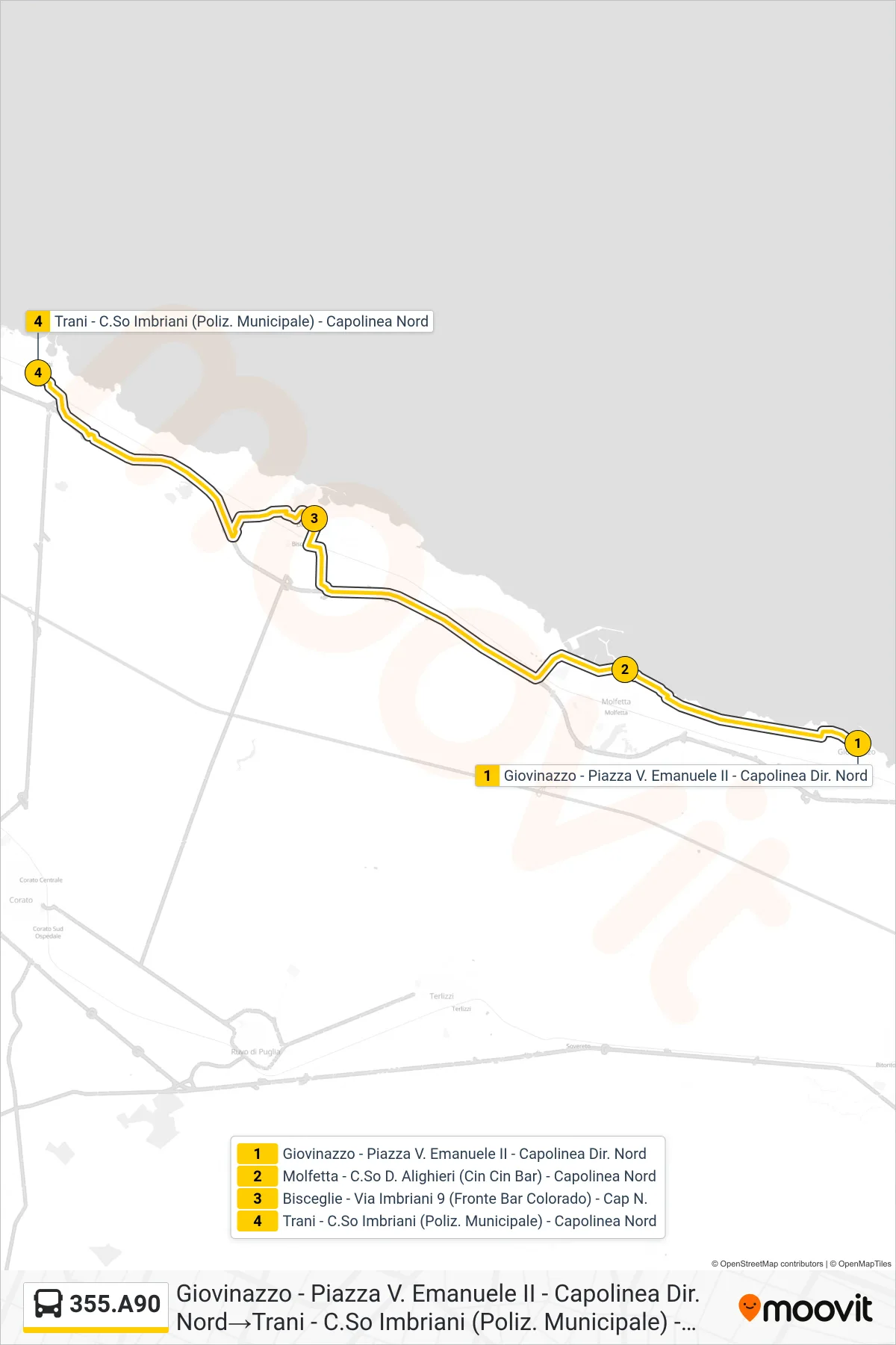 Linea 355.A90  bus (Giovinazzo - Piazza V. Emanuele II - Capolinea Dir. Nord‎→Trani - C.So Imbriani (Poliz. Municipale) - Capolinea Nord) - Percorsi e fermate sulla mappa