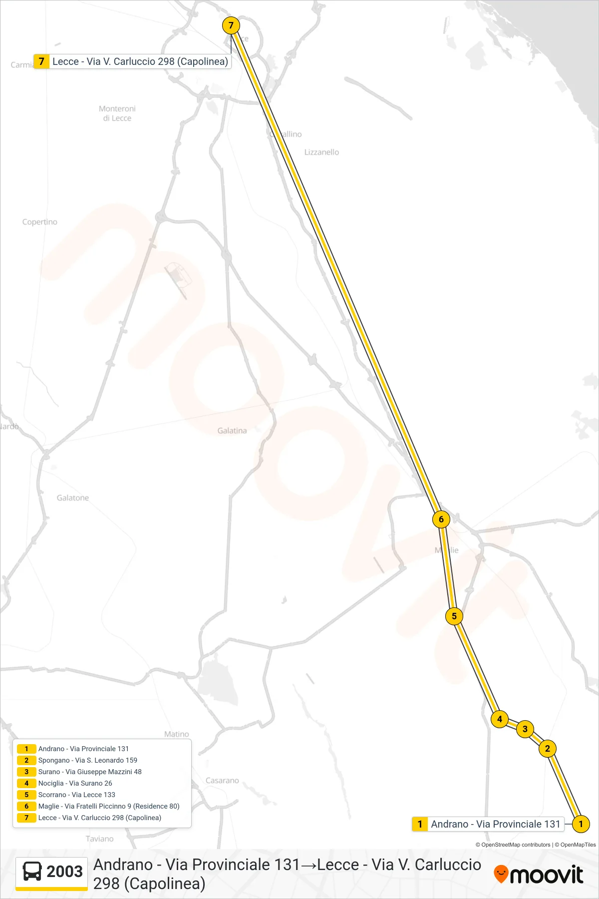Linea 2003 bus (Andrano - Via Provinciale 131→Lecce - Via V. Carluccio 298 (Capolinea)) - Percorsi e fermate sulla mappa